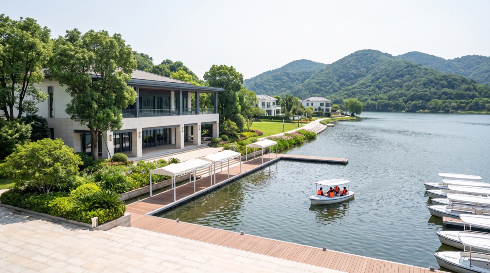 A calm lake with boats, a lakeside building and green hills in a New Airport City illustrative render