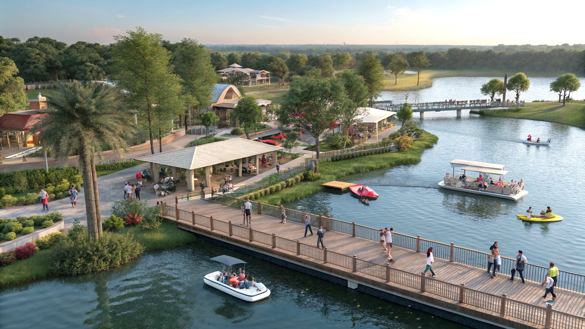 A lakeside promenade with boats and green trees in a New Airport City illustrative render