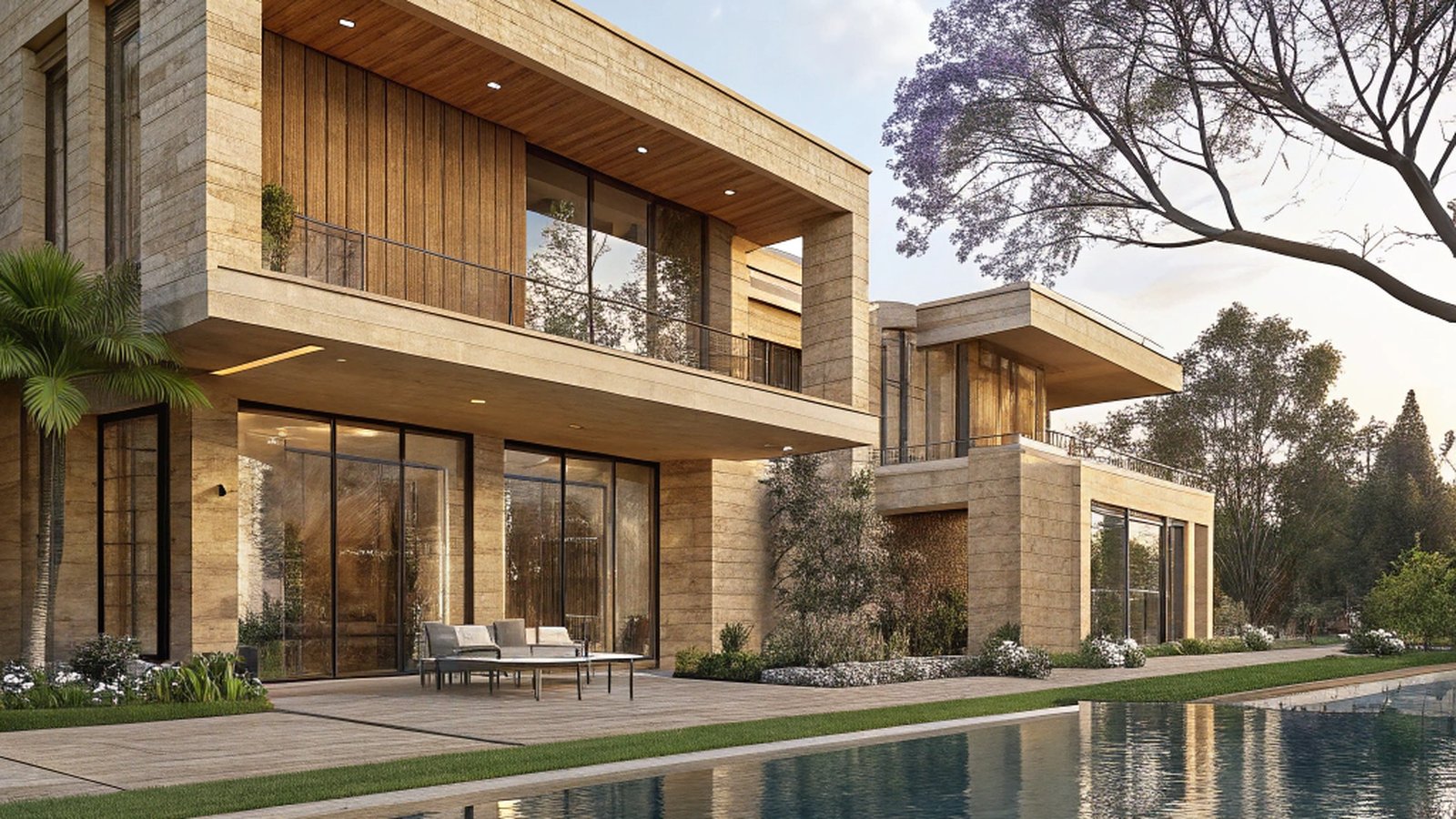 A modern home with a jacaranda tree, lawn and water feature in a New Airport City illustrative render