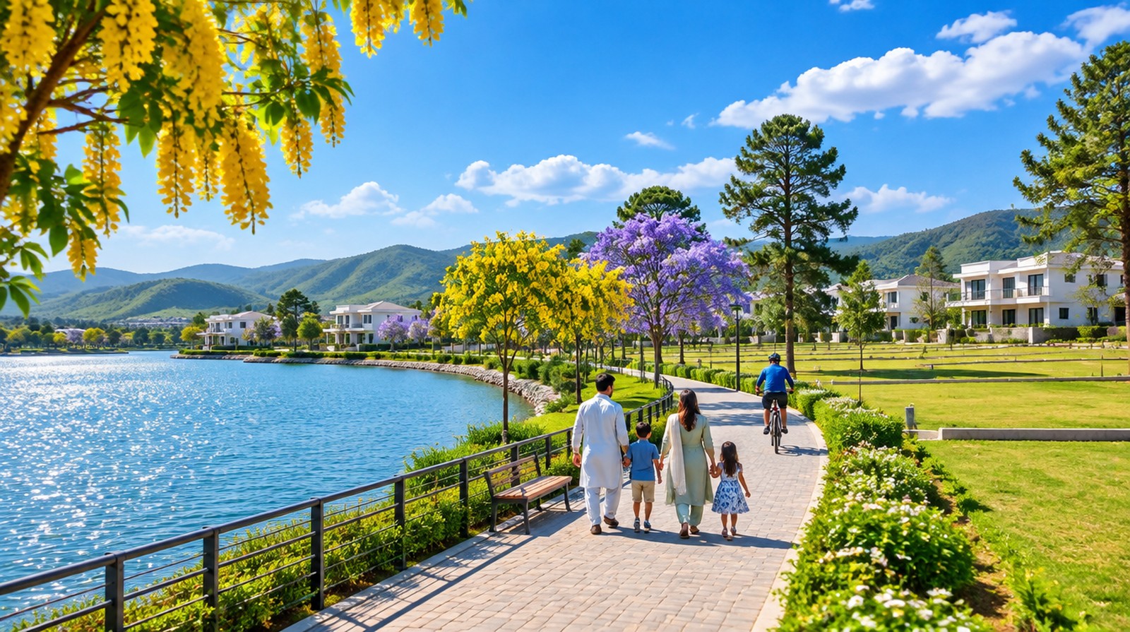 A family and a cyclist on a sunny lakeside promenade with white homes, amaltas and jacaranda in bloom, in a New Airport City illustrative render