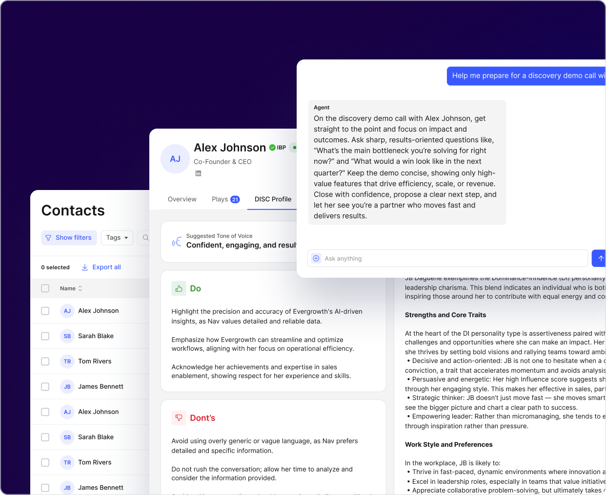 Screenshot of a contact management and coaching platform showing Alex Johnson's profile with detailed coaching tips, conversation example, and contact list.