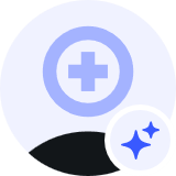 Blue medical cross icon inside a circle with a sparkle icon overlay on the bottom right.