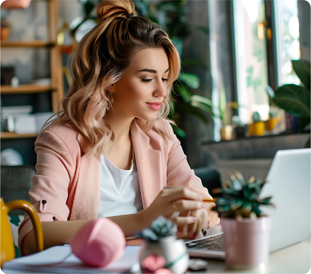 A woman working on a laptop next to text explaining what is evaluated in a beauty business audit.