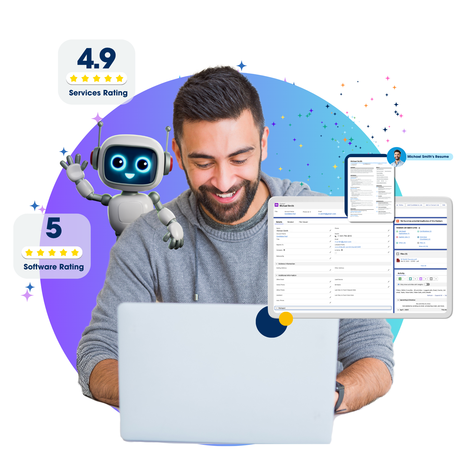 Smiling man using a laptop with a friendly animated robot waving behind him against a blue and purple circular background with sparkles.