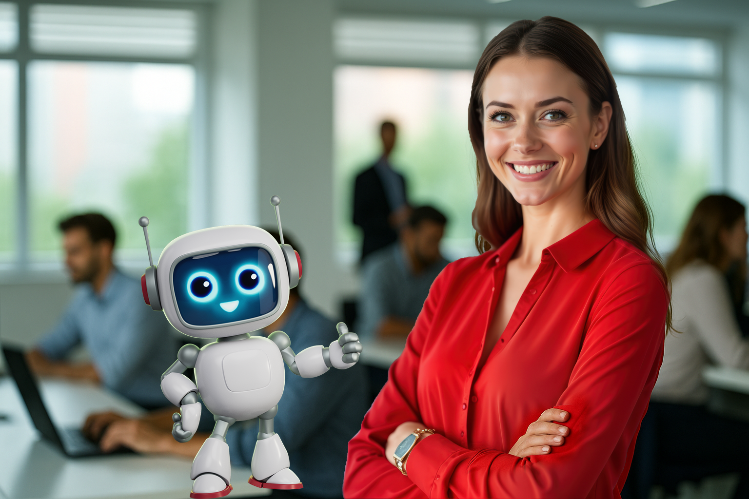 Smiling woman in red shirt standing with arms crossed next to a friendly cartoon robot giving a thumbs-up in a busy office.
