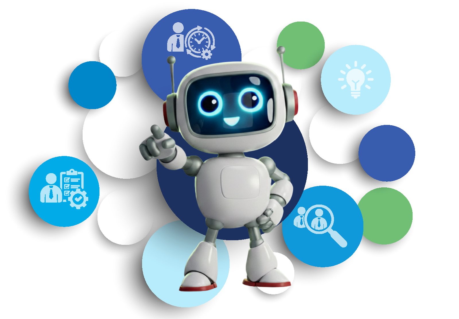 Friendly robot with glowing blue eyes pointing forward, surrounded by blue and green circles with business and idea icons.