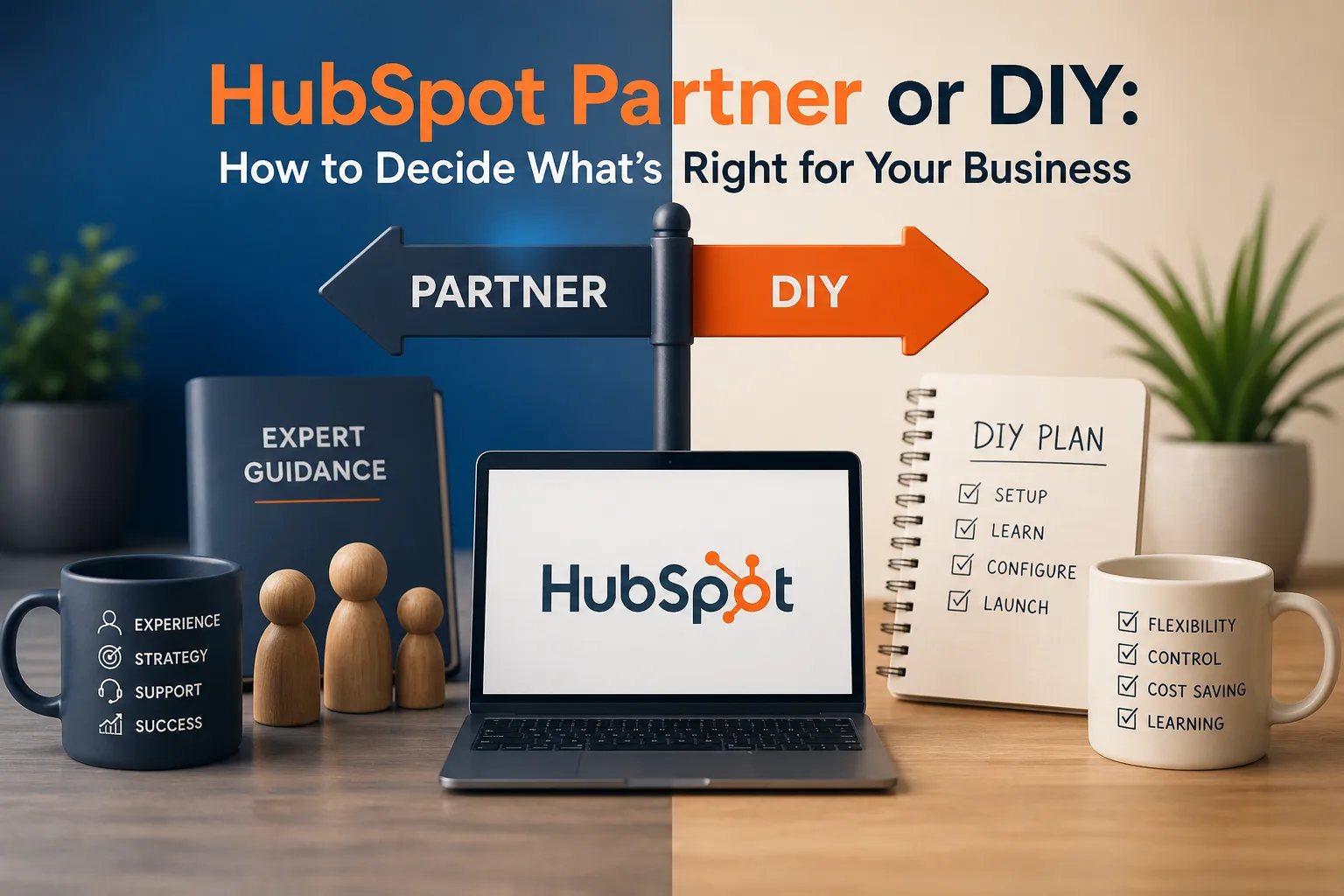 HubSpot Partner vs DIY setup decision concept with signpost and laptop