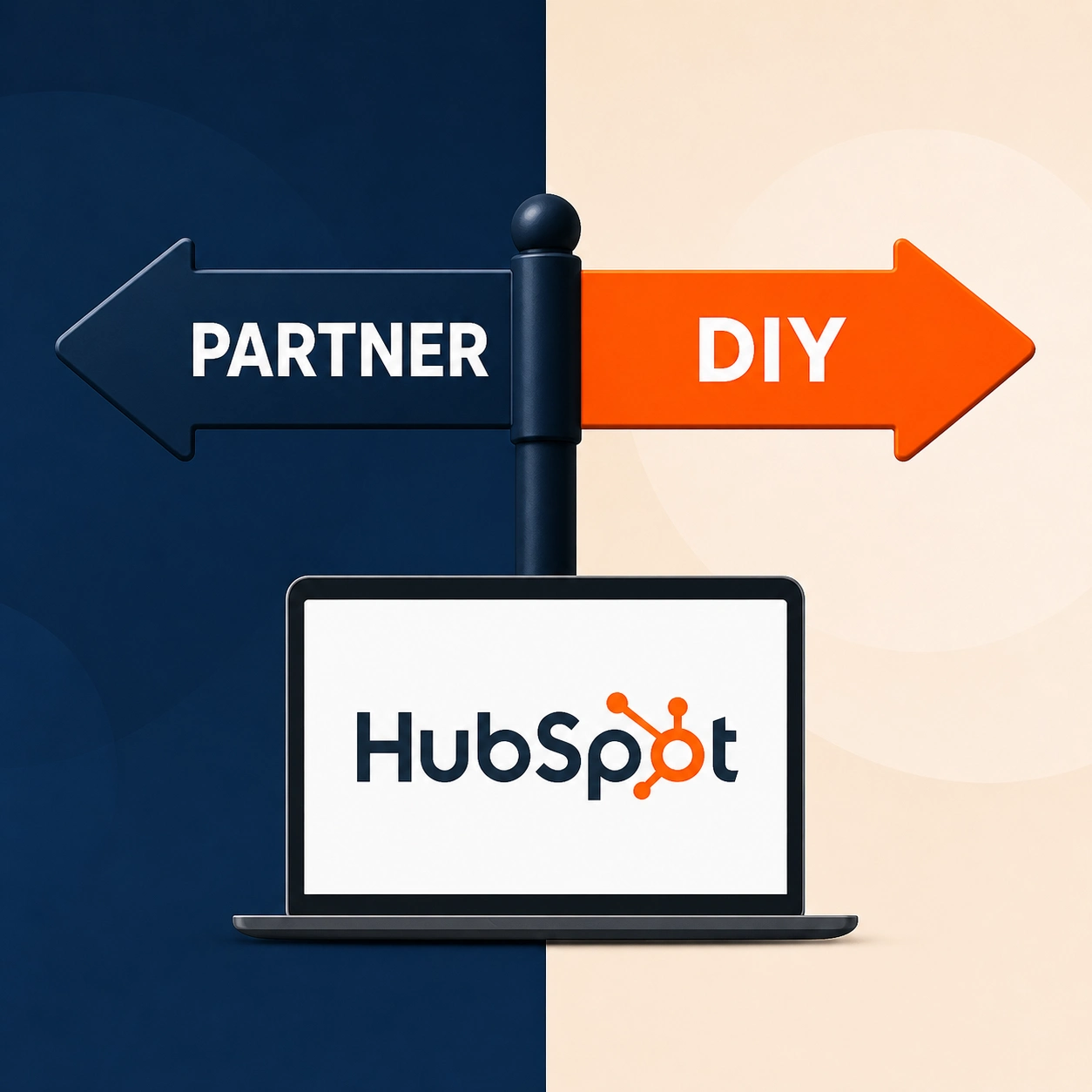 HubSpot Partner vs DIY choice shown with opposing arrows above a laptop