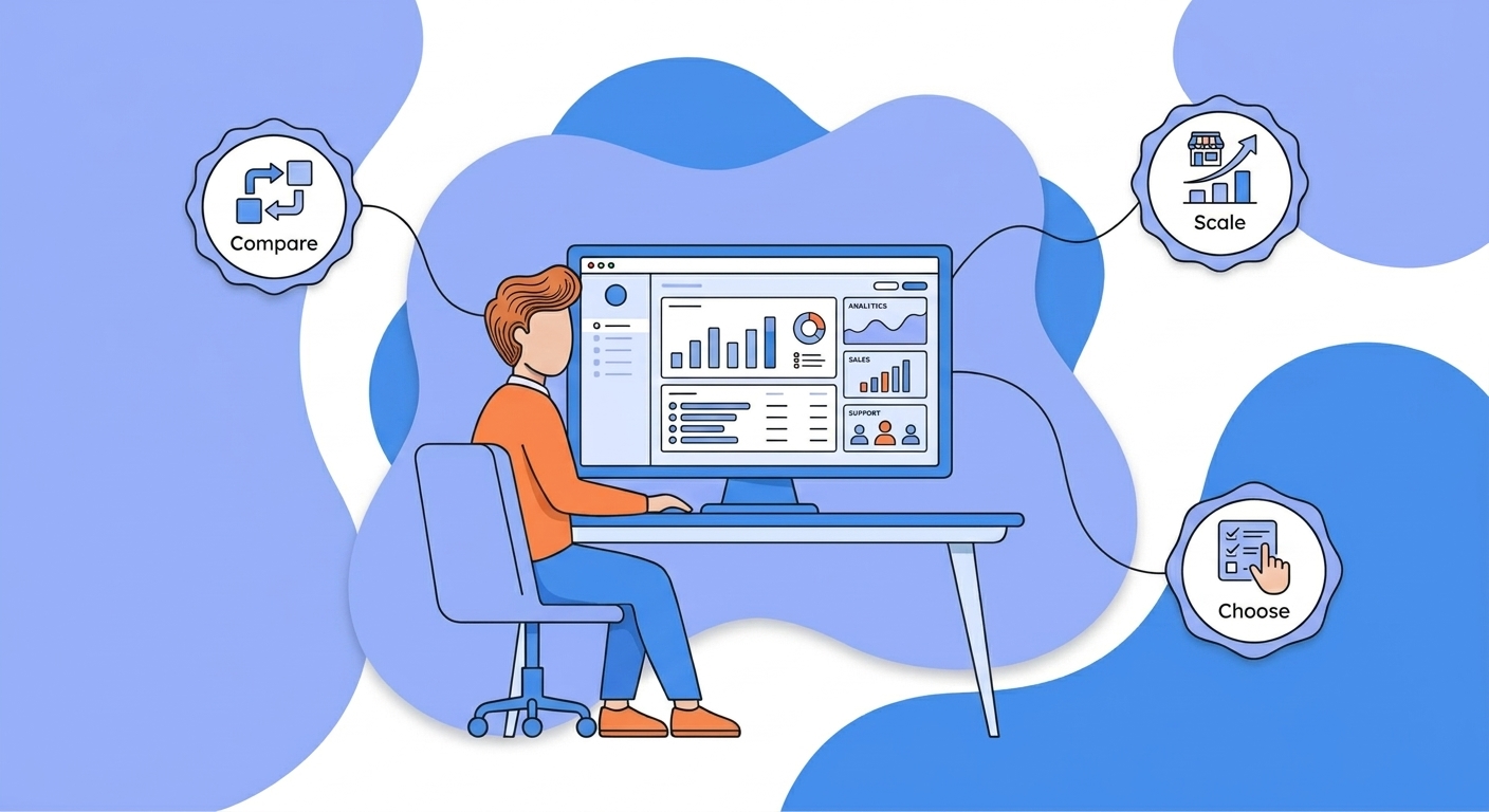 Illustration of comparing CRM platforms to choose the right one for your business