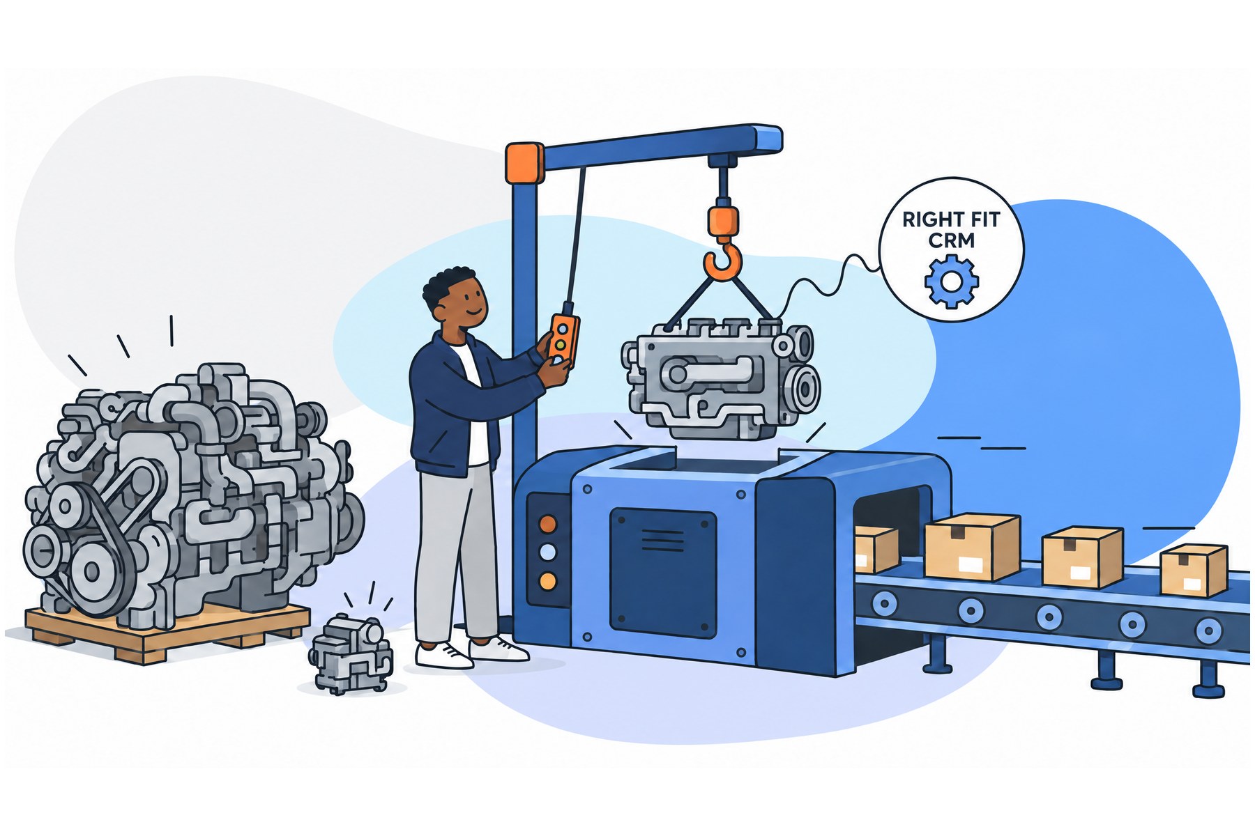 Illustration of choosing the best CRM: a man uses a crane to lower the right-fit CRM engine into a machine, beside one engine that is too big and one that is too small.