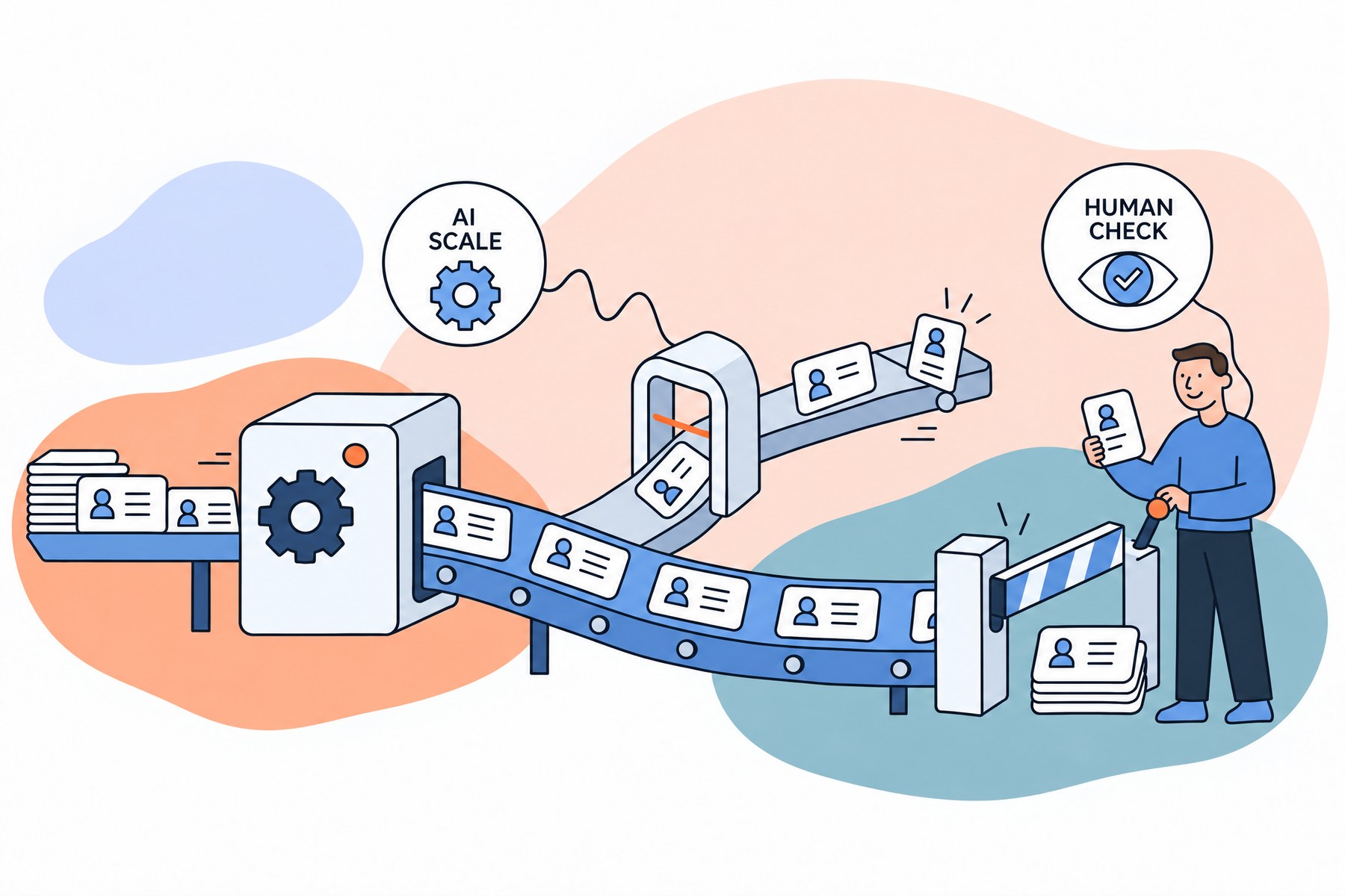 Illustration of AI prospecting with human review: contact cards travel along a conveyor through an AI scanner to a person who checks them at a gate.