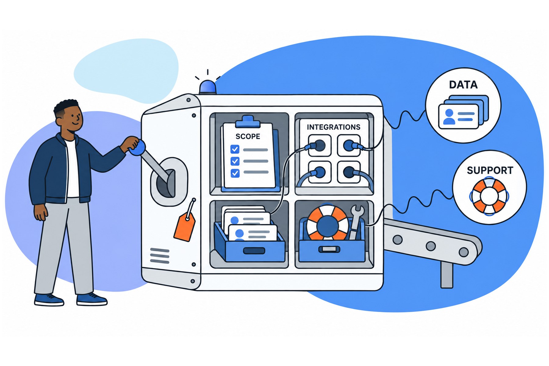 Illustration of choosing a HubSpot consultancy: a man opens a cabinet with compartments for scope, integrations, data and support.