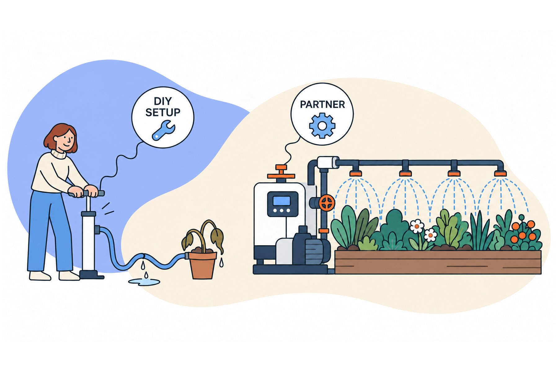 Illustration of HubSpot partner vs DIY: a woman hand-pumps water to one wilting plant beside an automated irrigation system watering a thriving garden bed.