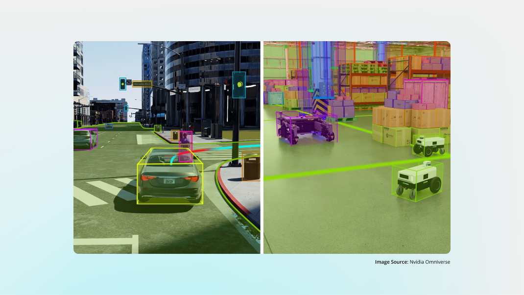 NVIDIA Omniverse creates photorealistic digital twins and physics-accurate simulations for robot training, and testing.