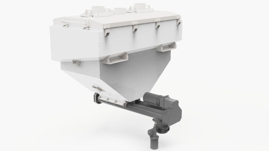 Aggregate dosing system with two 5 m3 hoppers and belt conveyors for precise aggregate delivery