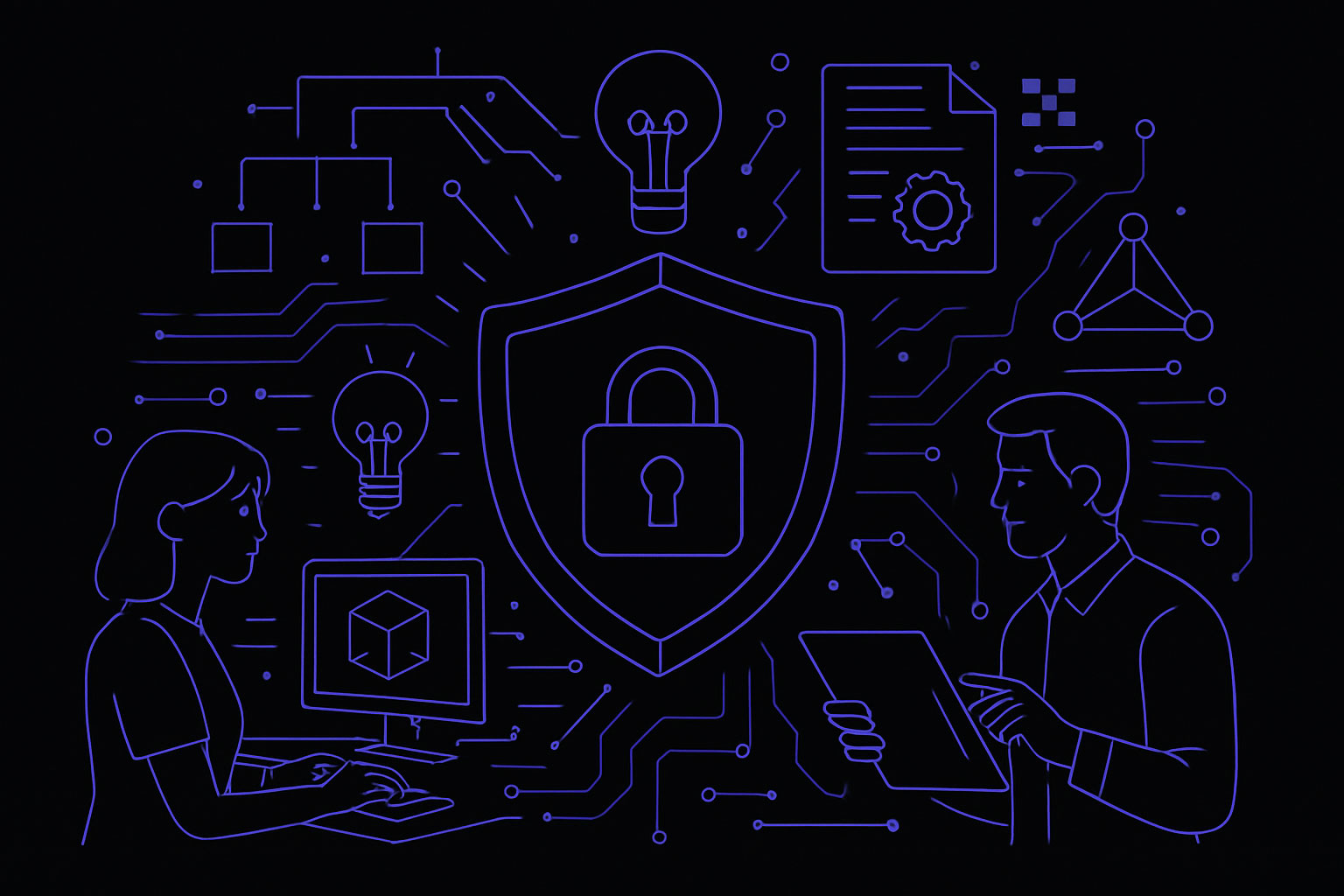 Illustration depicting Marketparts’ 'Secure by Design' approach to data protection. The image conveys strong cybersecurity measures integrated throughout the product development lifecycle, including secure coding, regular security assessments, vulnerability testing, and strict security protocols. Visual elements emphasize trust, safety, and proactive protection of sensitive customer data, highlighting a commitment to building products with the highest standards of security and privacy.
