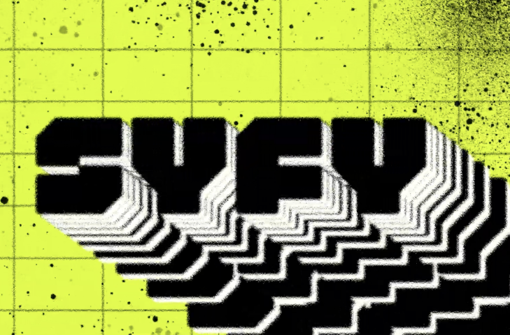 Black block letters spelling SYFY with a white and black stepped shadow on a yellow grid background with black speckles.