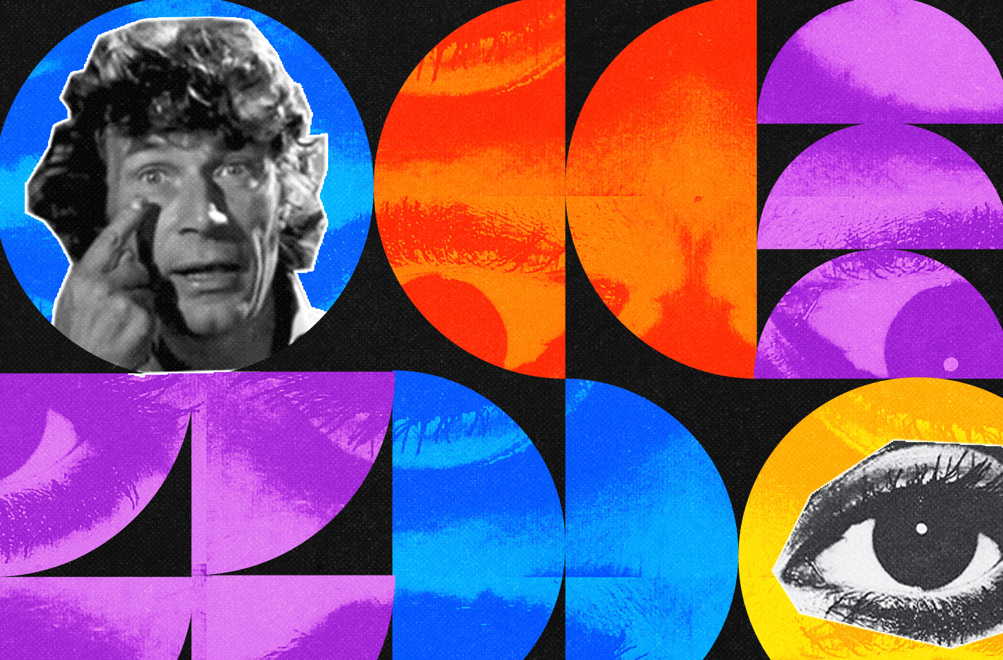 Collage featuring a black-and-white photo of a man touching his eye surrounded by colorful abstract shapes with lips and an eye.