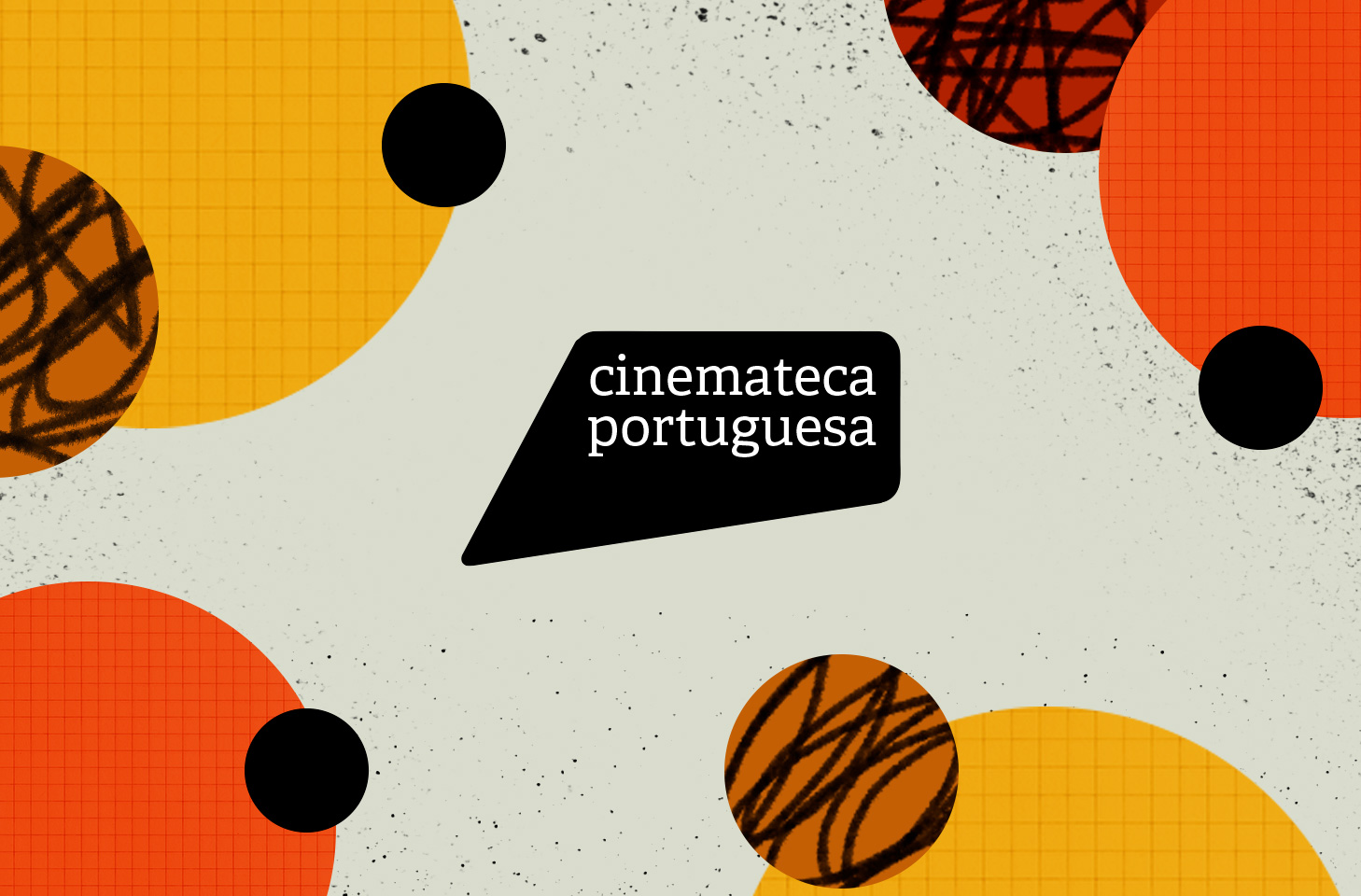 Graphic design with colorful overlapping circles in orange, yellow, and black on a light grey textured background with the text 'cinemateca portuguesa' in a black speech bubble shape in the center.
