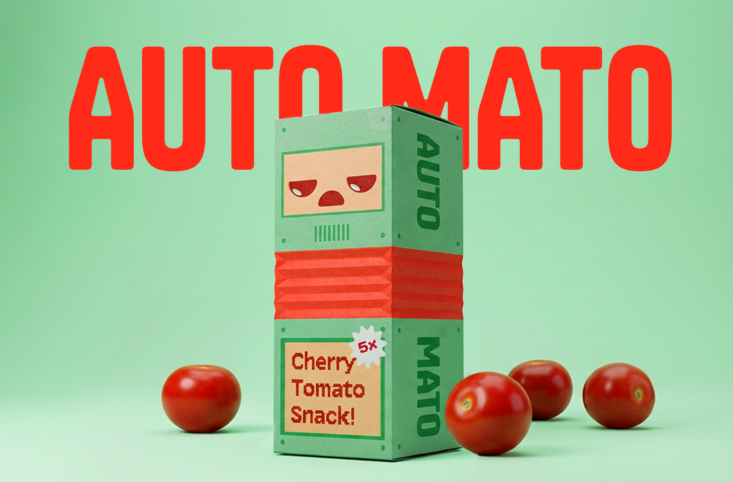 Green and red rectangular package labeled 'AUTO MATO' and 'Cherry Tomato Snack!' surrounded by four cherry tomatoes on a green background with large red text 'AUTO MATO' behind.