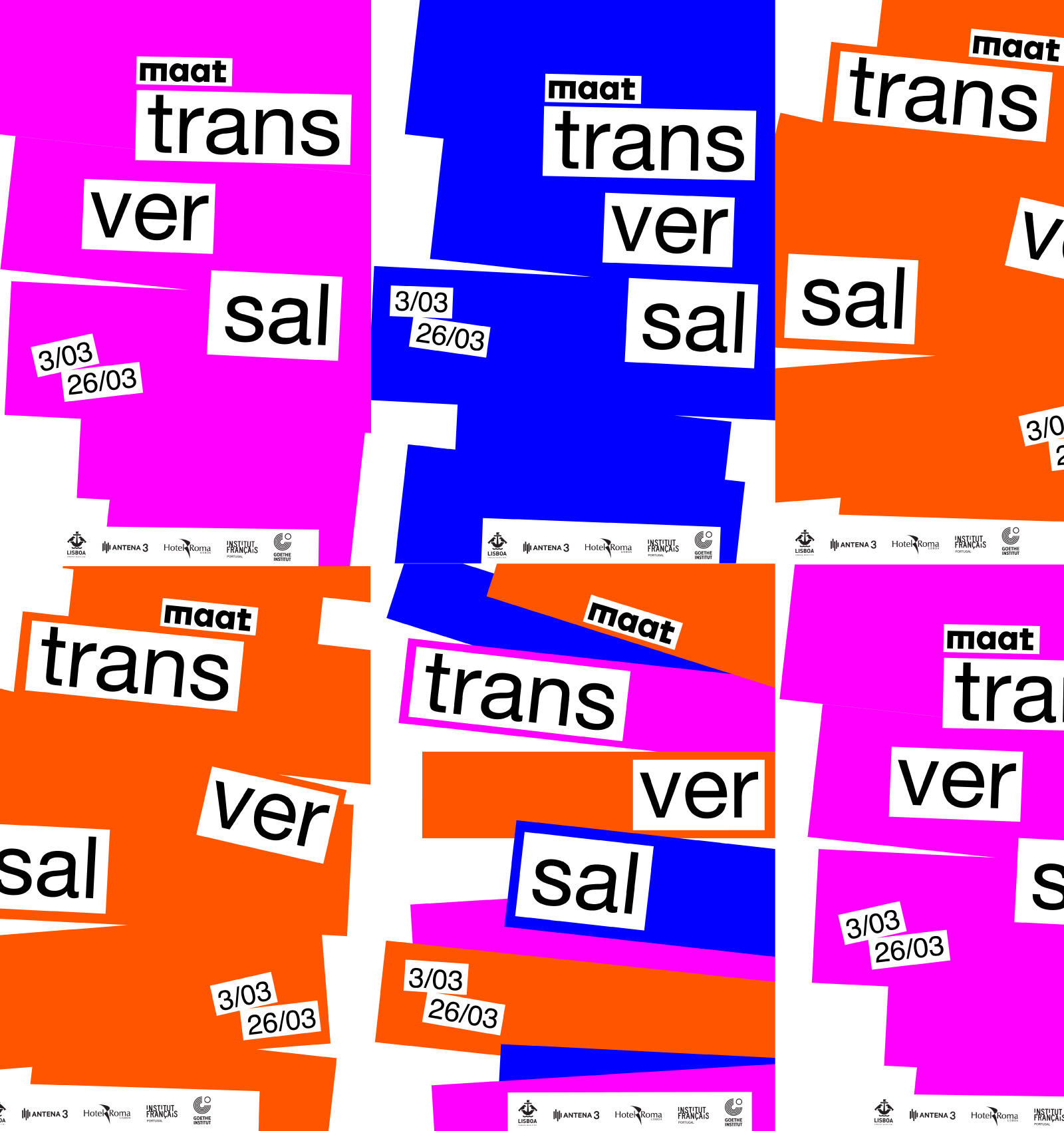 Colorful graphic collage with repeated text 'maat transversal' and dates '3/03 26/03' in bold black and white on pink, blue, and orange abstract shapes.