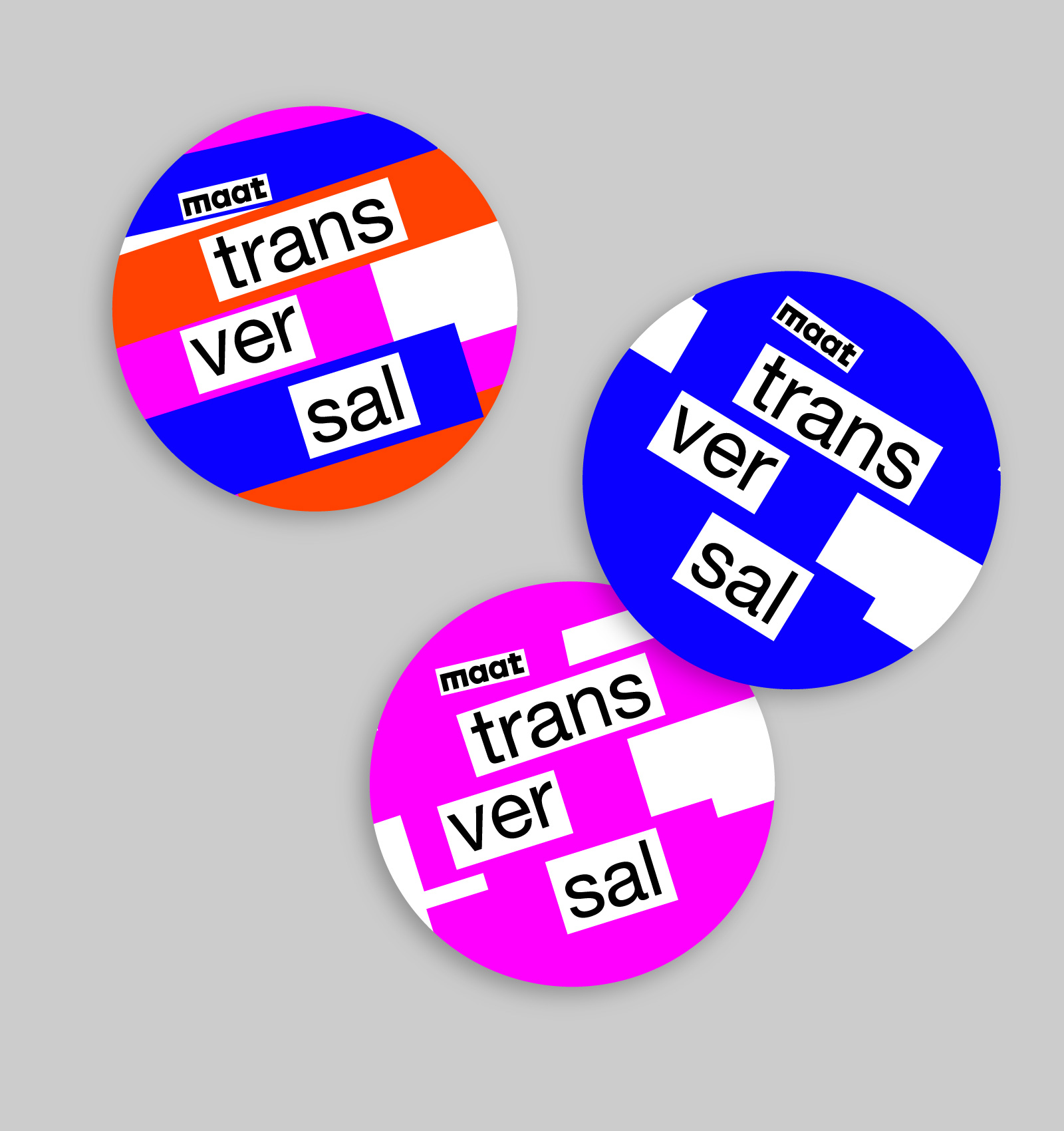 Three circular badges with colorful geometric backgrounds and the word 'maat transversal' split across white blocks.