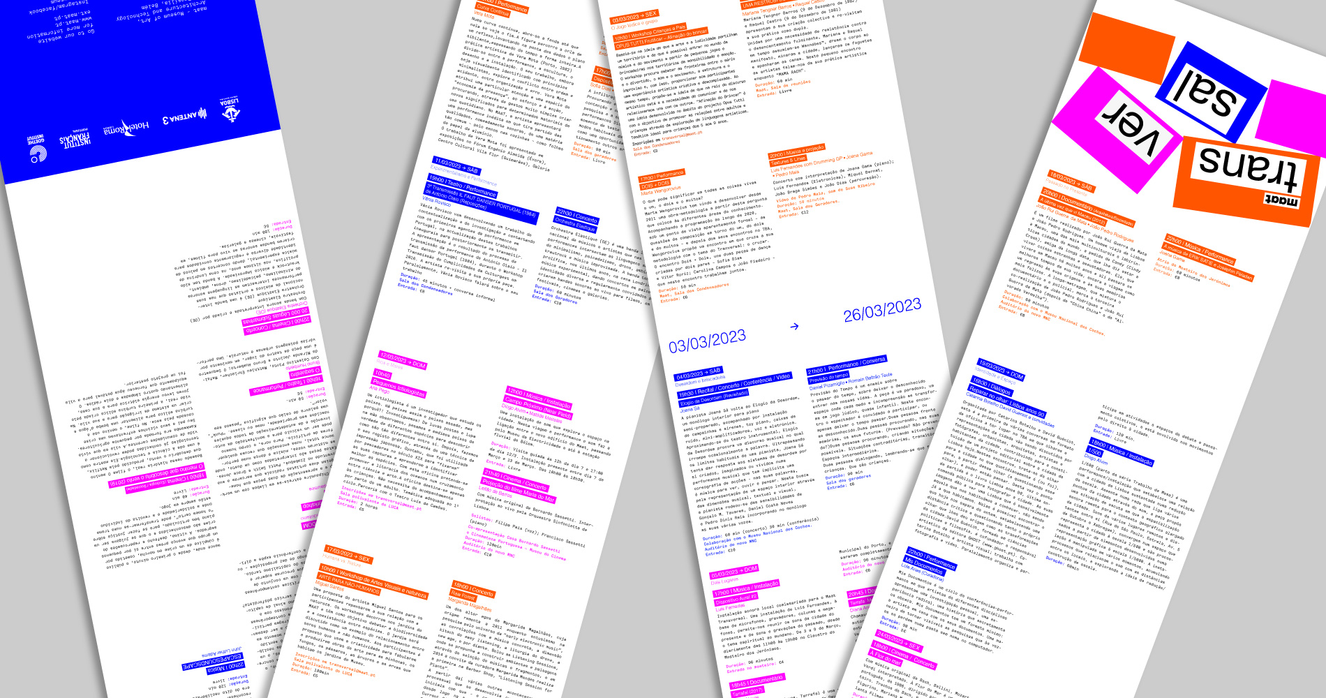 Four colorful event flyers arranged diagonally with text blocks highlighted in orange, pink, blue, and purple on white backgrounds.