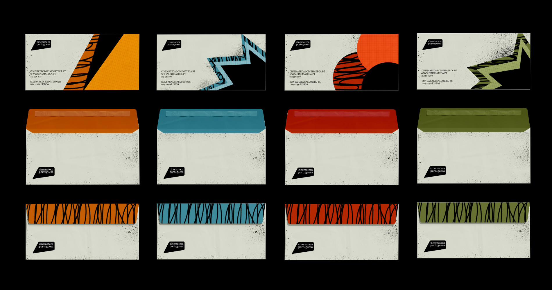 Nine graphic design stationery items including four business cards with geometric patterns and four envelopes with colored flaps, each branded with the Cinemateca Portuguesa logo and contact information, displayed on a black background.
