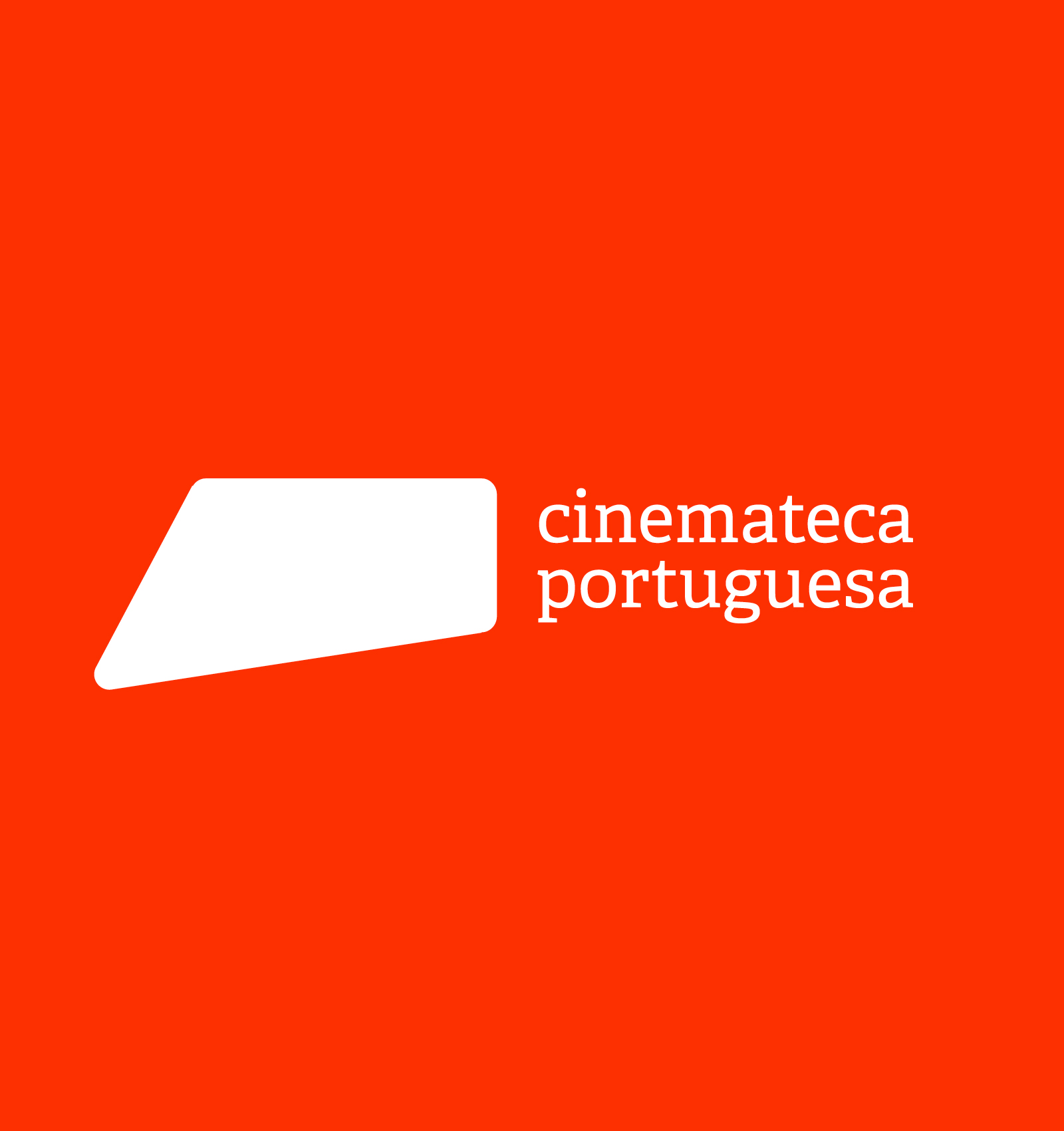 White geometric shape and the words 'cinemateca portuguesa' in lowercase on bright red background.