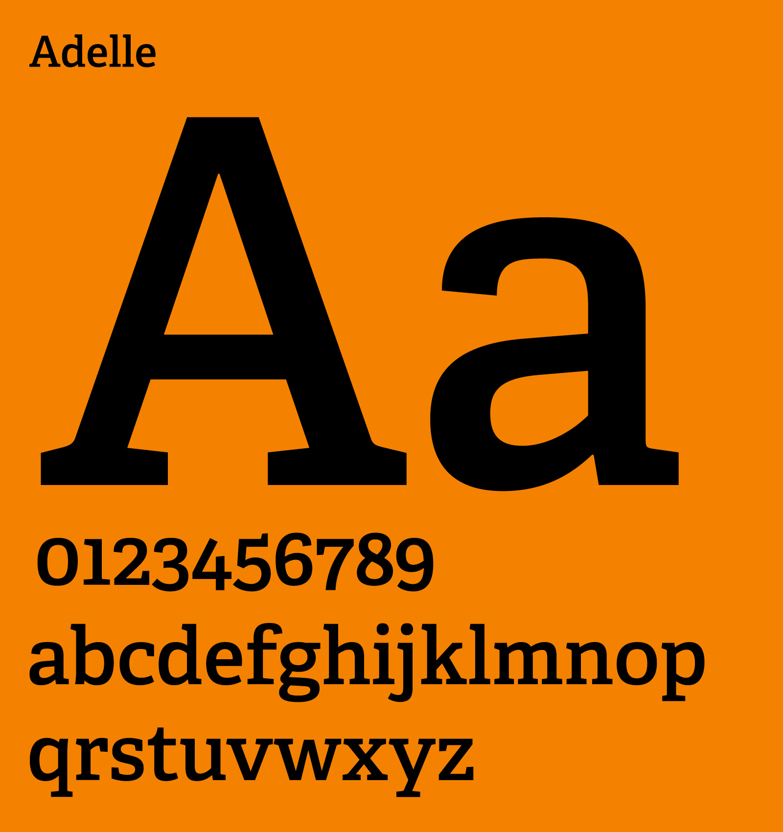 Adelle font sample with uppercase A, lowercase a, numbers 0-9, and lowercase alphabet on orange background.