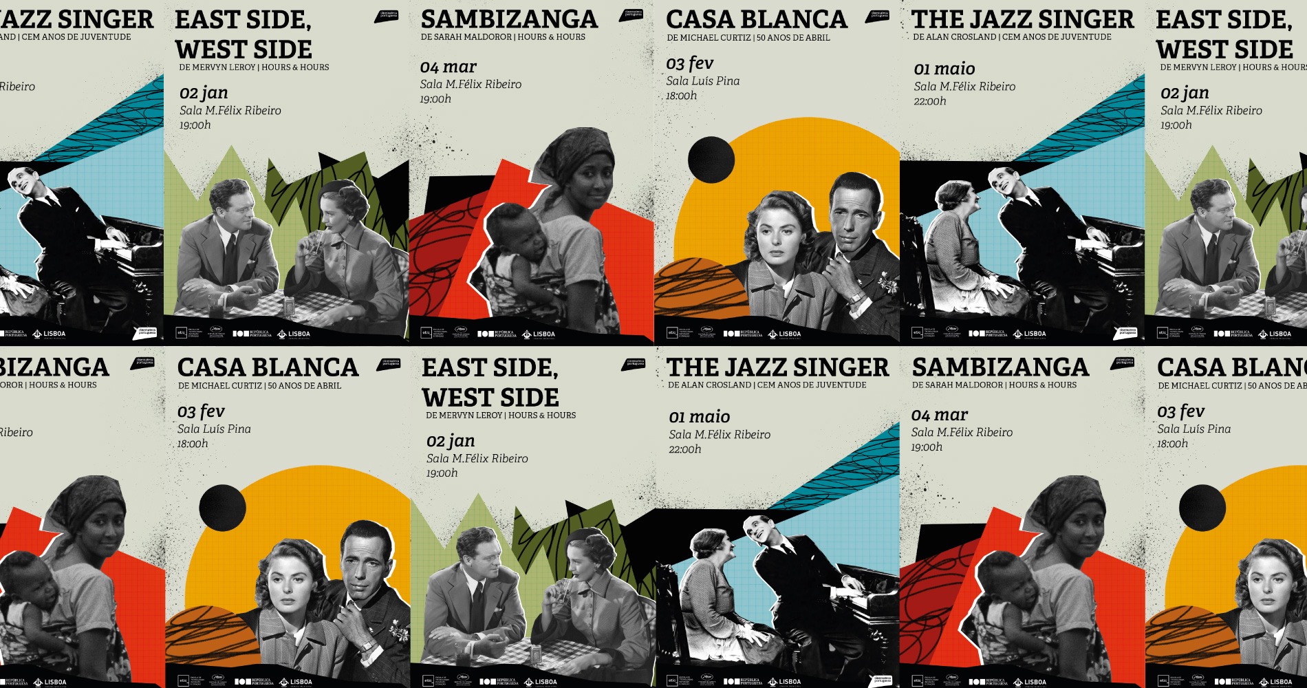 Movie event posters featuring classic films The Jazz Singer, East Side, West Side, Sambizanga, and Casablanca with show dates and locations, arranged in a tiled pattern.