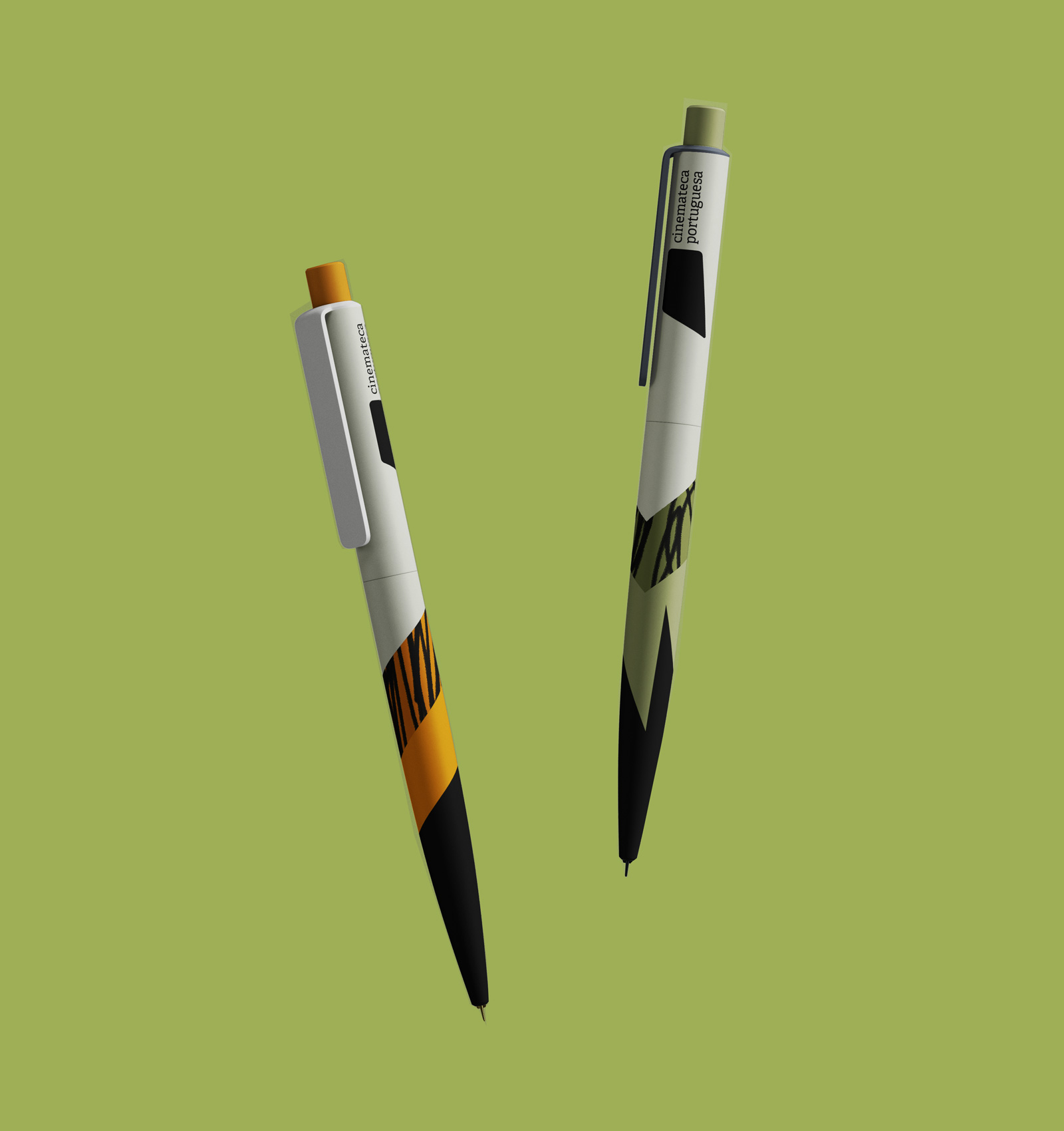 Two retractable pens with geometric patterns and 'cinemateca' text on a green background, one with orange accent and the other with green.