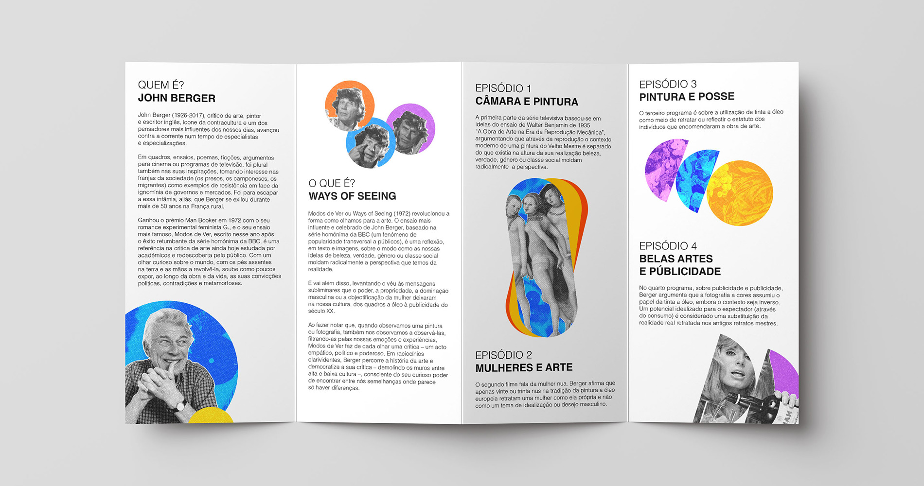 Four-panel brochure in Portuguese about John Berger and his series 'Ways of Seeing' with black-and-white photos of Berger and artworks overlaid by colorful circular and semi-circular shapes.