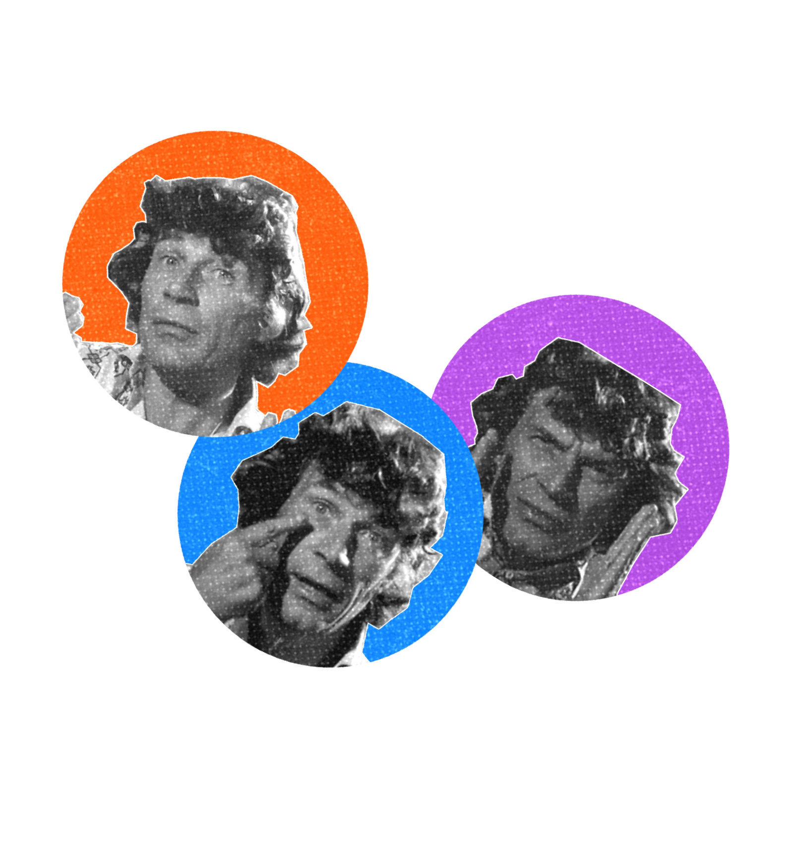 Collage of three black-and-white portraits of a man with curly hair inside colorful circles—orange, blue, and purple—with varied facial expressions and hand gestures.