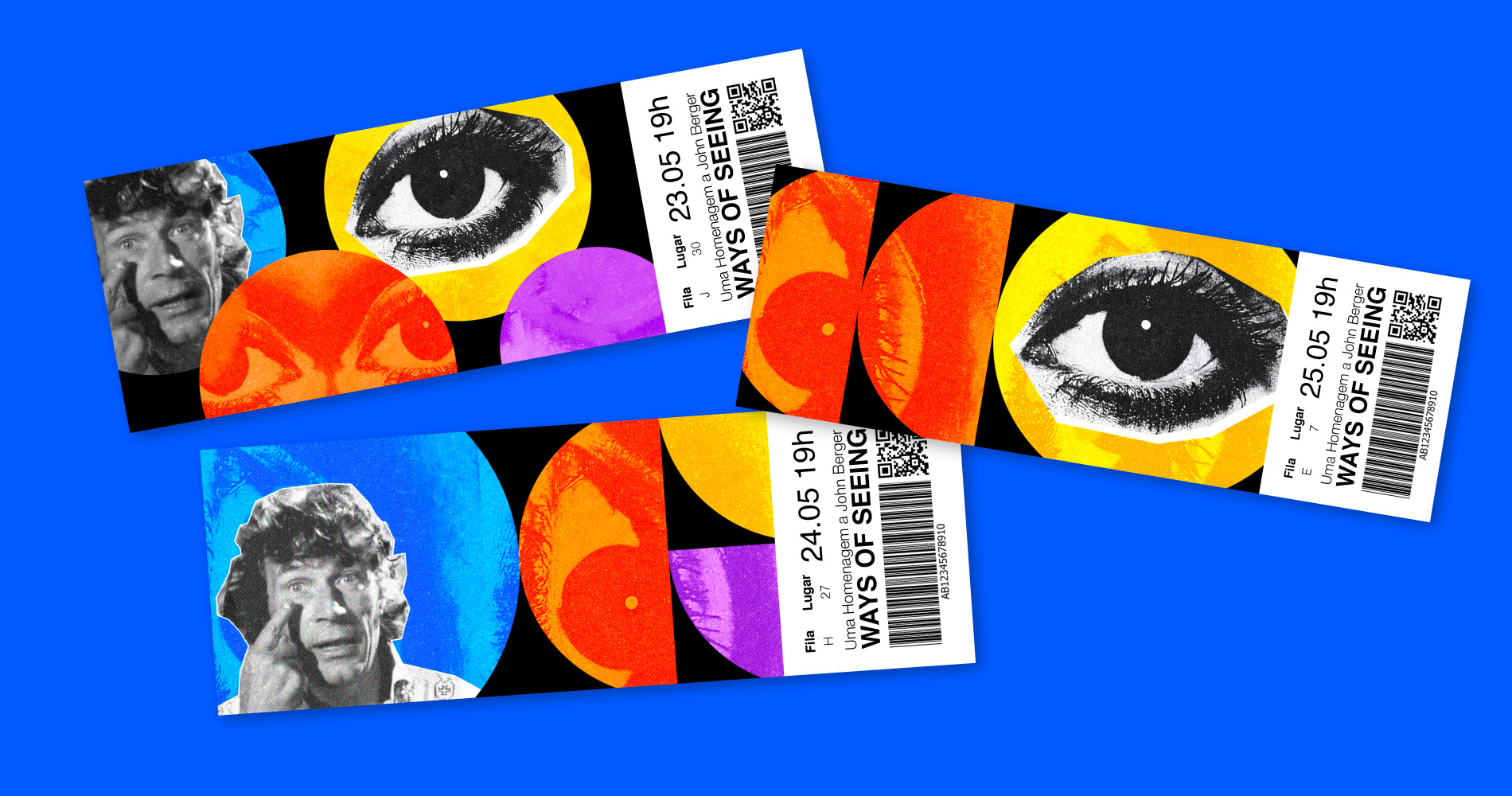 Three colorful event tickets with photos of eyes, a man pointing to his eye, and text reading 'Ways of Seeing' on a blue background.