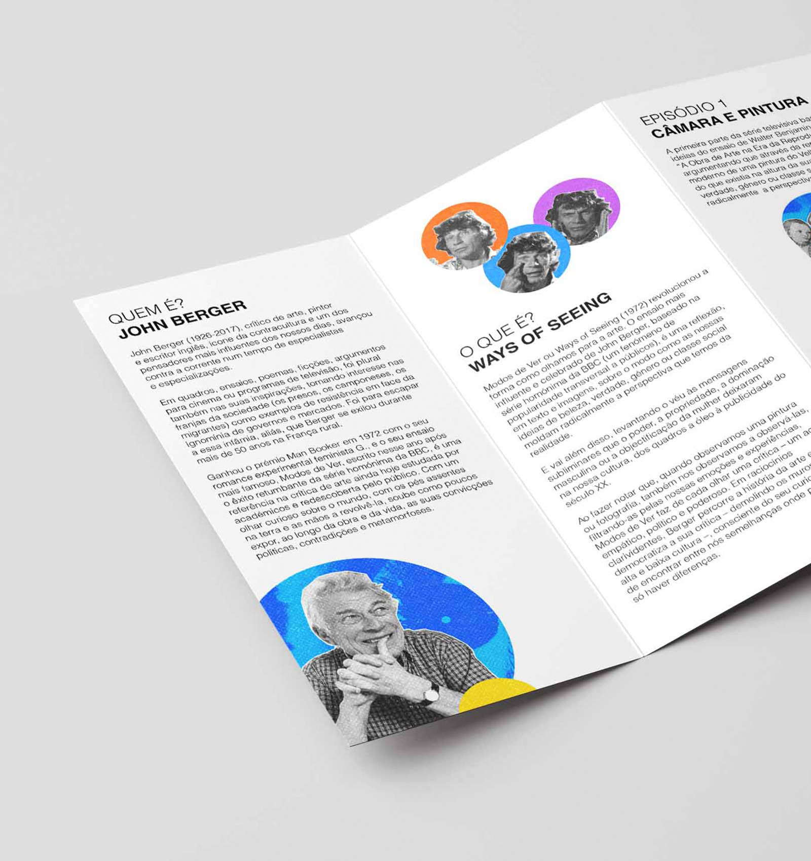 Open brochure featuring text about John Berger and his work, with black and white photos of him and colorful circular graphic accents.