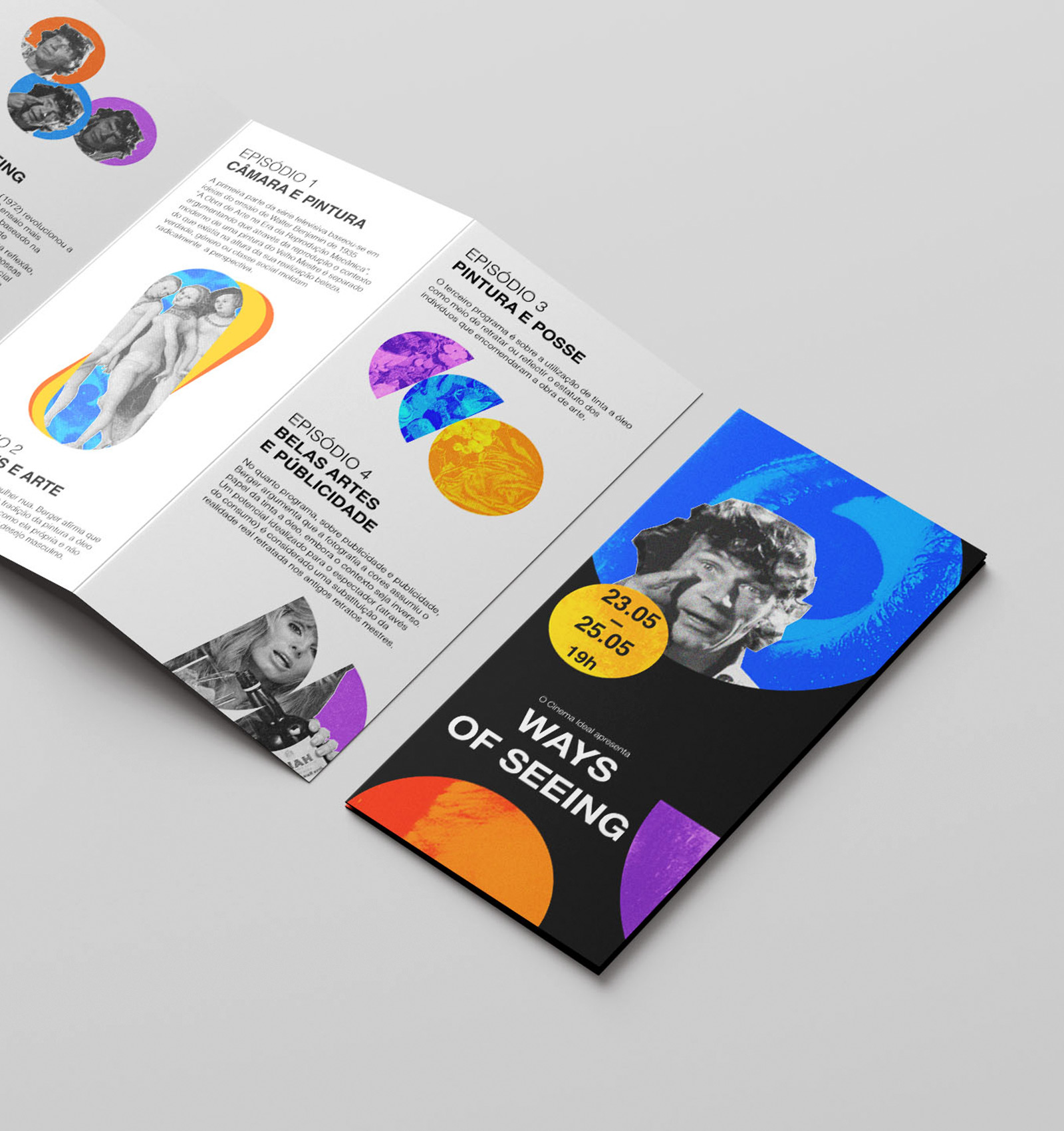 Folded brochure titled 'Ways of Seeing' featuring colorful abstract shapes and photos of people on the cover and inner panels, with text in Portuguese describing episodes.