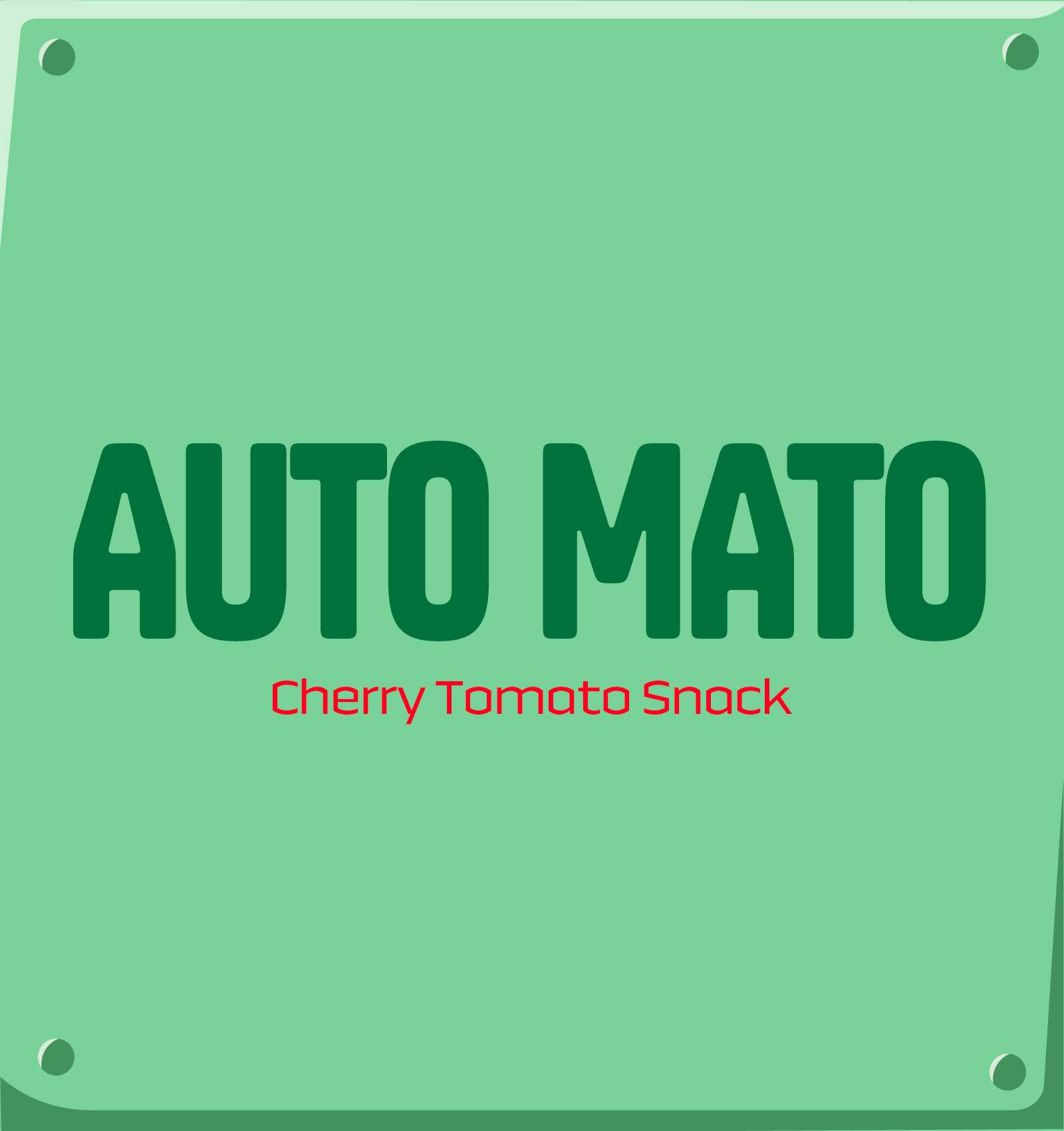Green box with bold text AUTO MATO and smaller red text Cherry Tomato Snack.