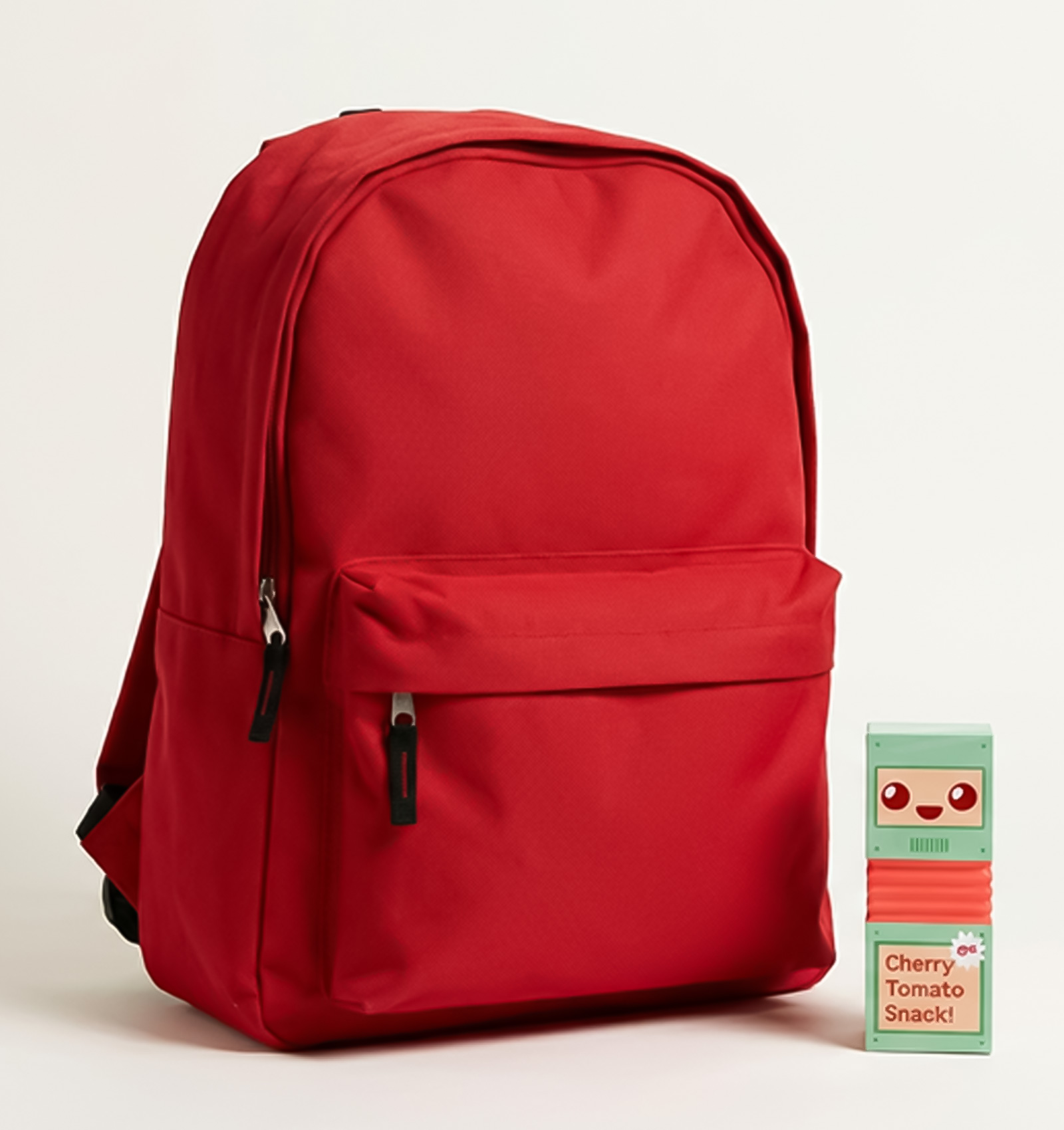 Red backpack next to a small green box with a smiling face and the text 'Cherry Tomato Snack!'