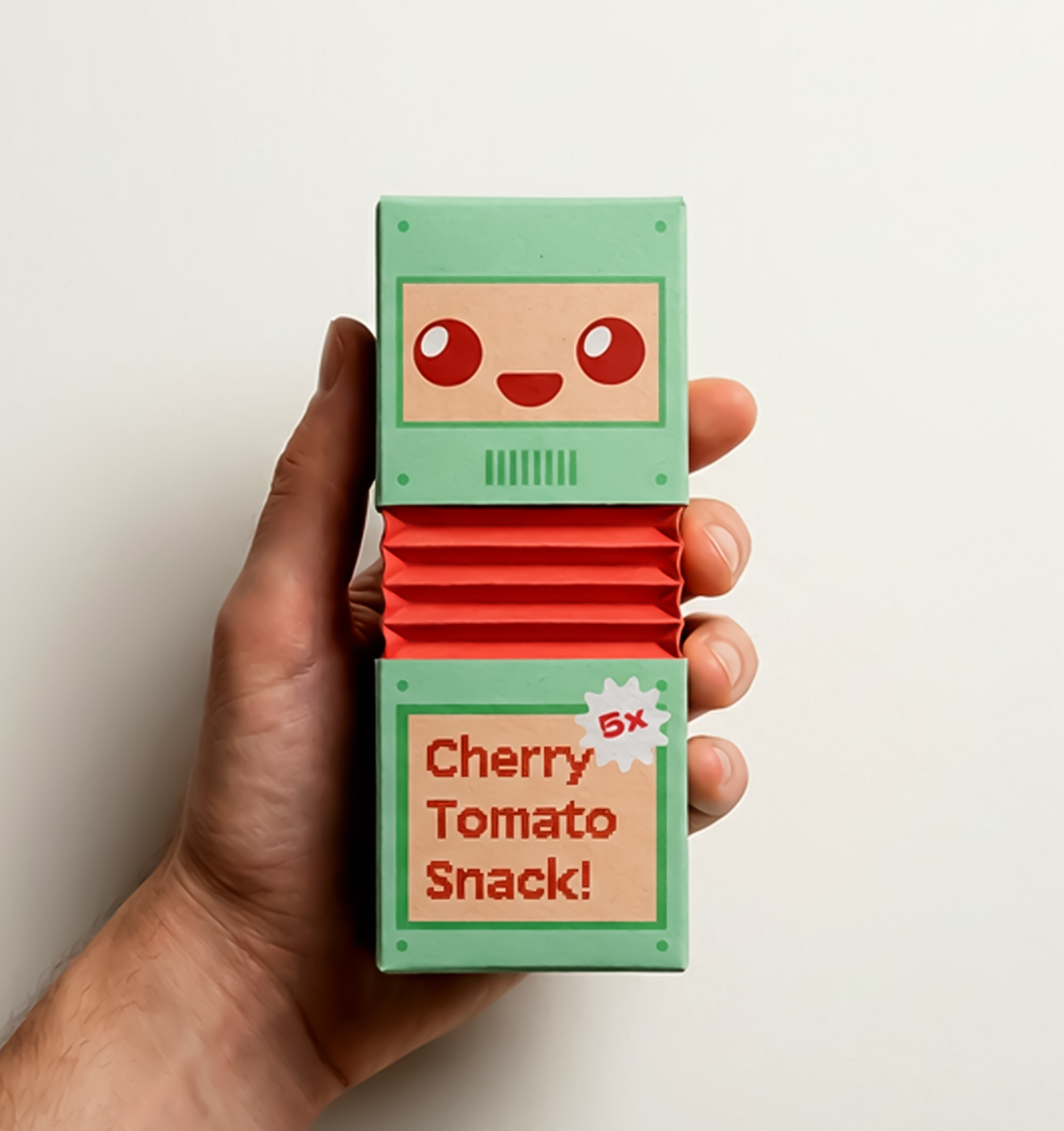 Hand holding a green and red box with a smiling cartoon face and text reading 'Cherry Tomato Snack! 5x'.