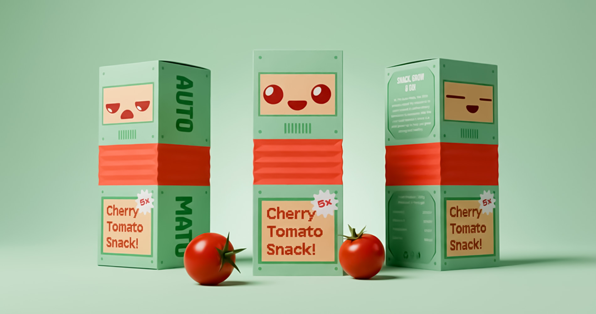 Three green and red boxes labeled 'Cherry Tomato Snack!' with cartoon faces, each accompanied by a fresh cherry tomato.