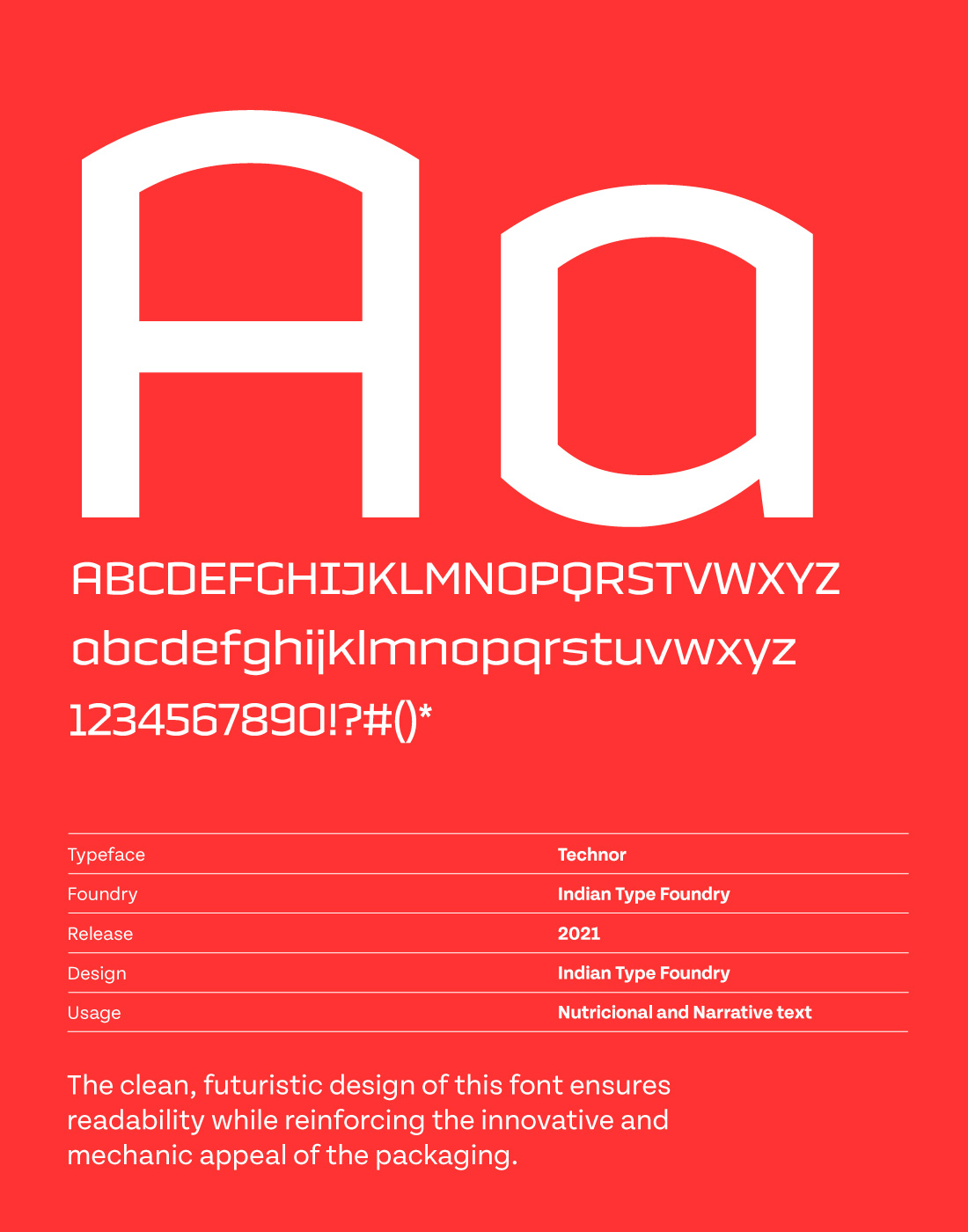 Font sample showcasing uppercase, lowercase, numbers, and symbols of Technor typeface on red background, with details of its foundry, release, design, and usage.