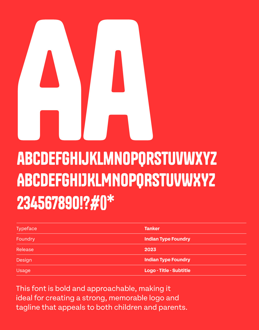 Display of the Tanker font showing uppercase letters, numbers, and symbols in bold white on red background with font details and usage suggestions.