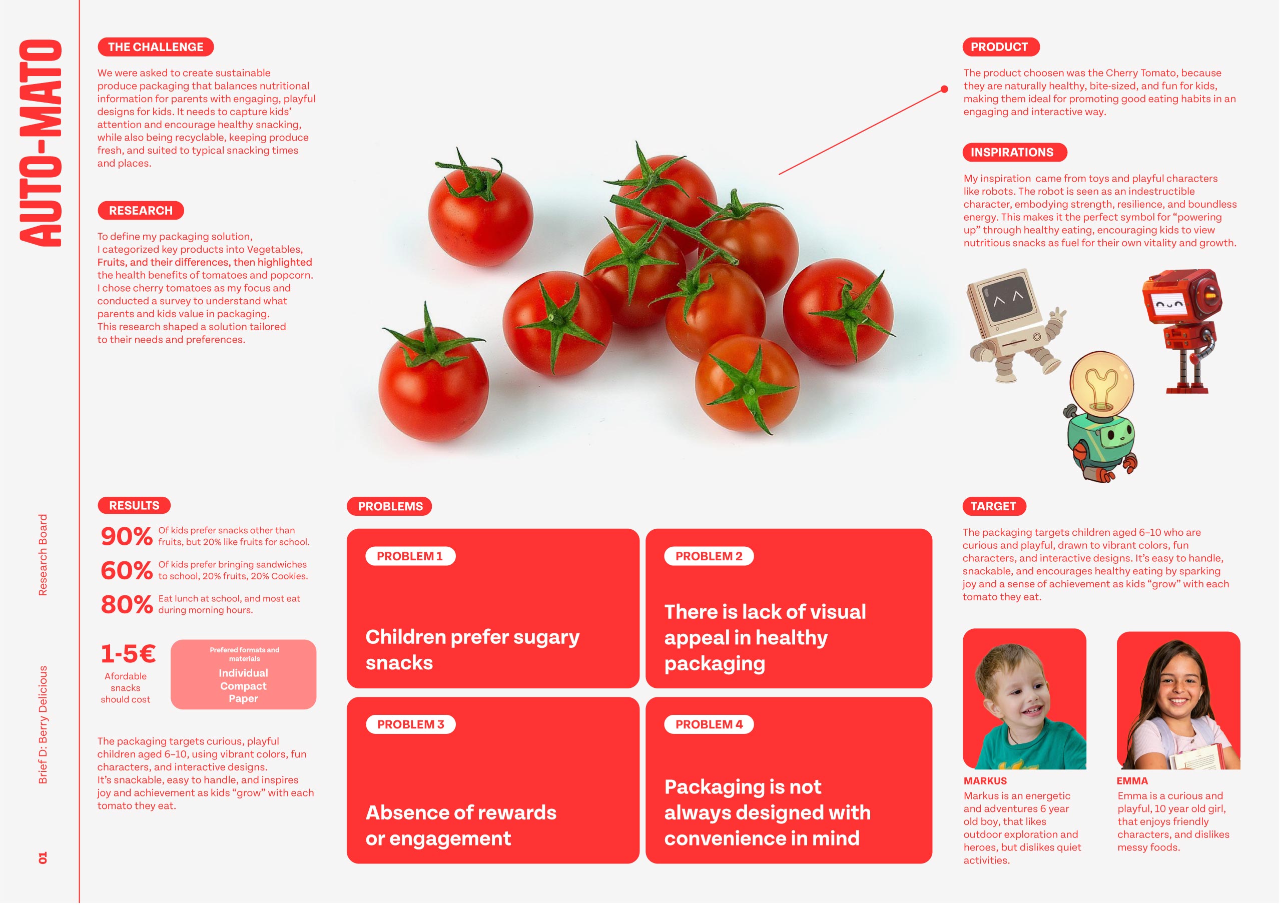 Layout with fresh cherry tomatoes in the center surrounded by text blocks detailing a packaging project challenge, research, results, problems, product choice, inspirations with cartoon robots, and target audience descriptions including photos of two children.