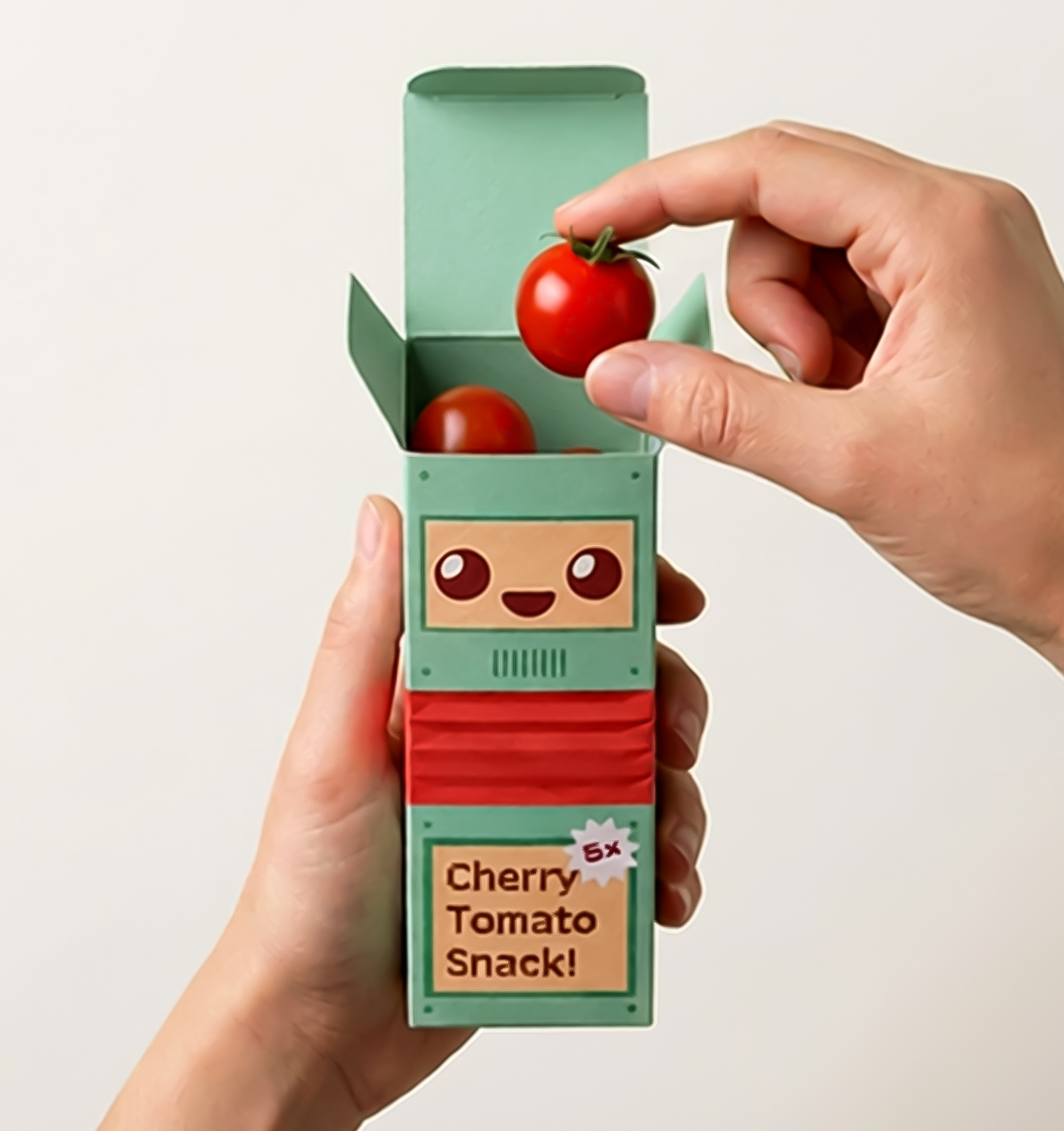 Hand holding a cute green snack box labeled ‘Cherry Tomato Snack!’ with a smiling face, another hand picking a cherry tomato from the box.