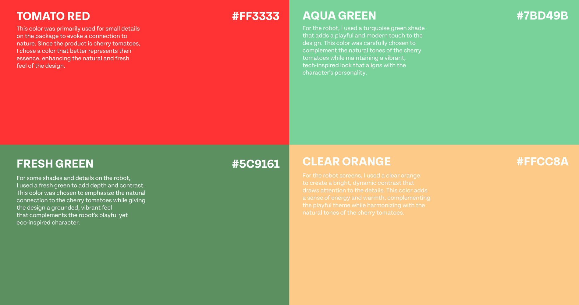 Four color blocks with descriptions: Tomato Red #FF3333 for small package details; Aqua Green #7BD49B for a playful robot shade; Fresh Green #5C9161 for depth and contrast on the robot; Clear Orange #FFCC8A for bright, dynamic robot screens.