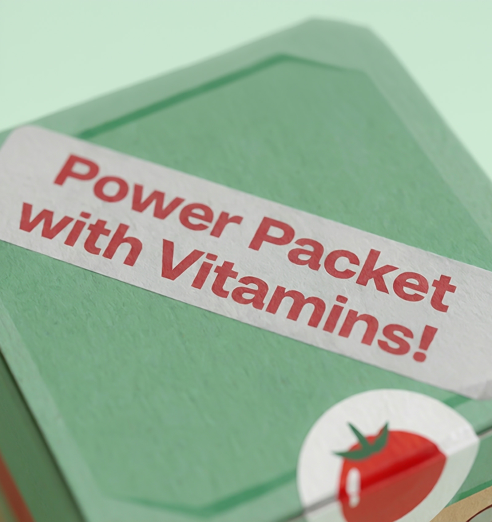 Green package with a label reading 'Power Packet with Vitamins!' and a small tomato illustration.