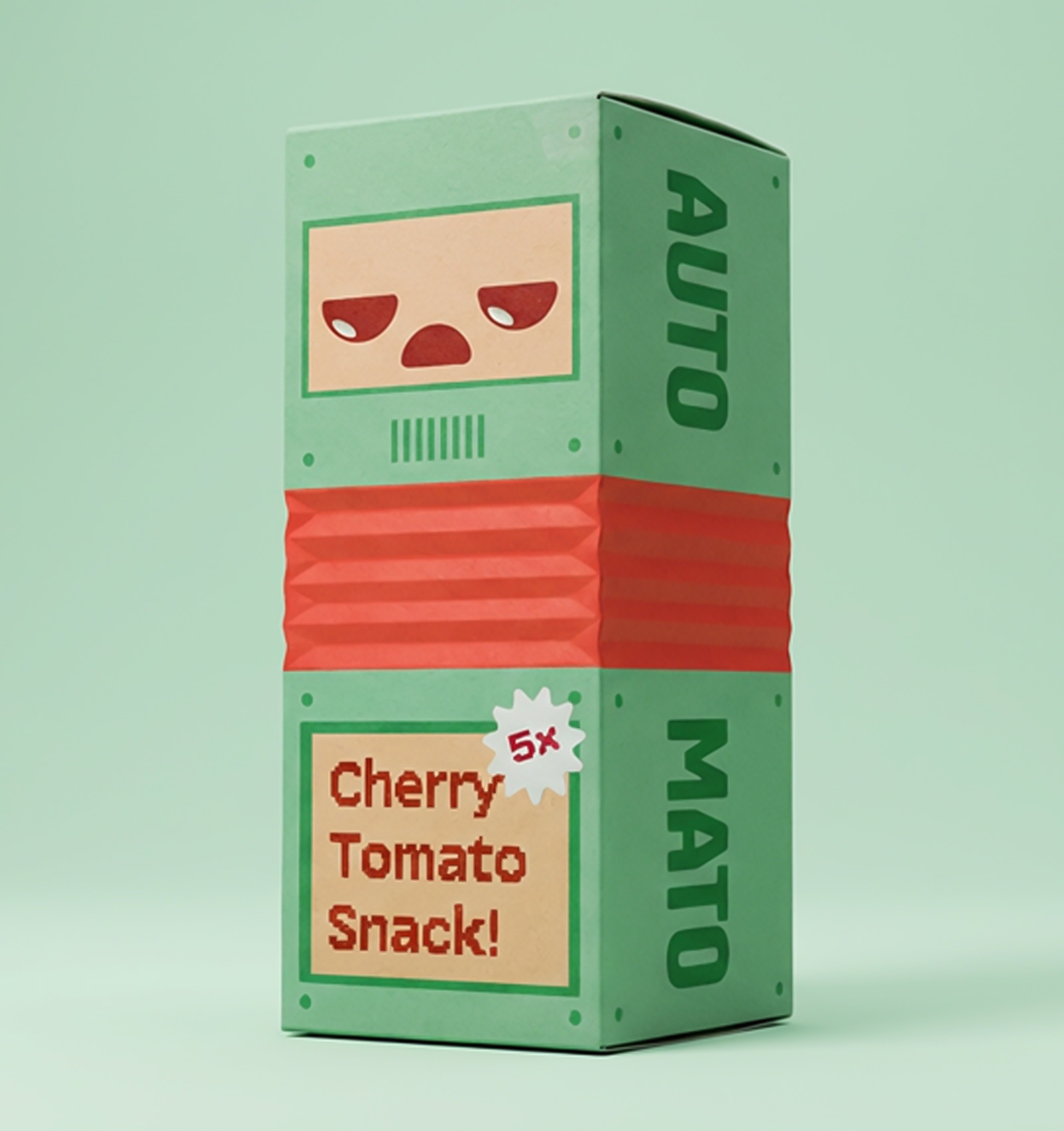 Green and red box labeled 'AUTO MATO' with text 'Cherry Tomato Snack! 5x' and a cartoon face on the top section.