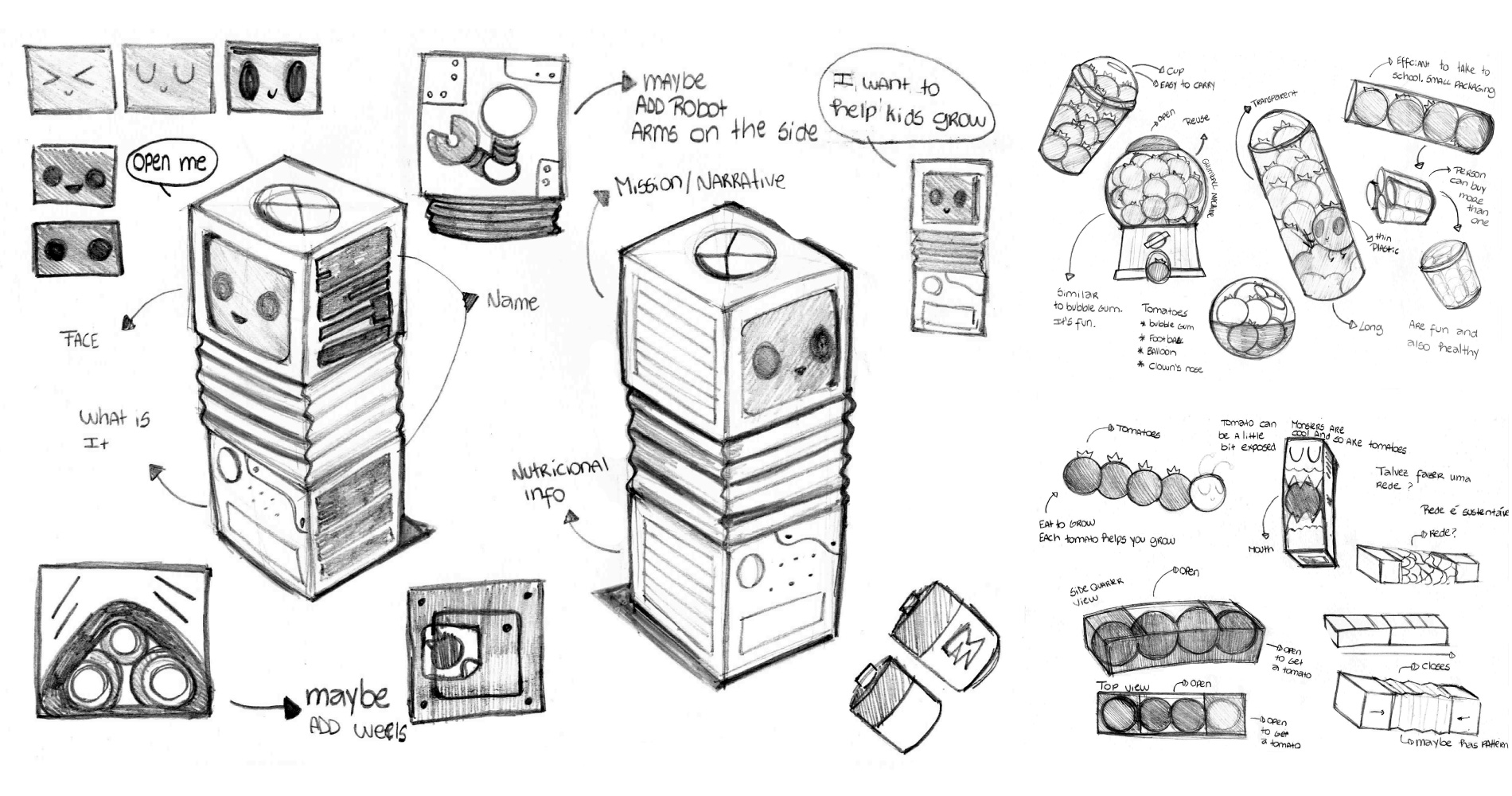 Hand-drawn concept sketches of a robot-like container with a smiling face, ideas for adding robot arms and wheels, and packaging designs for tomatoes resembling bubble gum dispensers.