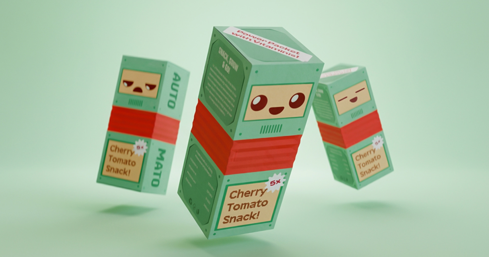 Three green and red rectangular boxes with cartoon faces labeled 'Cherry Tomato Snack!' floating against a light green background.